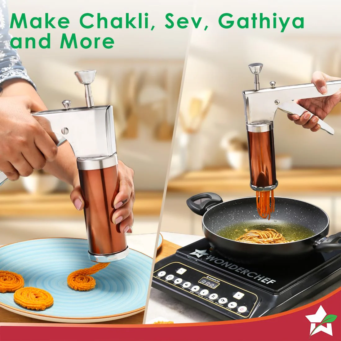 Wonderchef Snacks Maker with 12 Different jalis, Stainless Steel Plates for Making Sev, Bhujiya, Papdi, Gathiya, Murukku, Chakli, Kitchen Tool for Making Namkeen Snacks, Farsan Maker - image 2