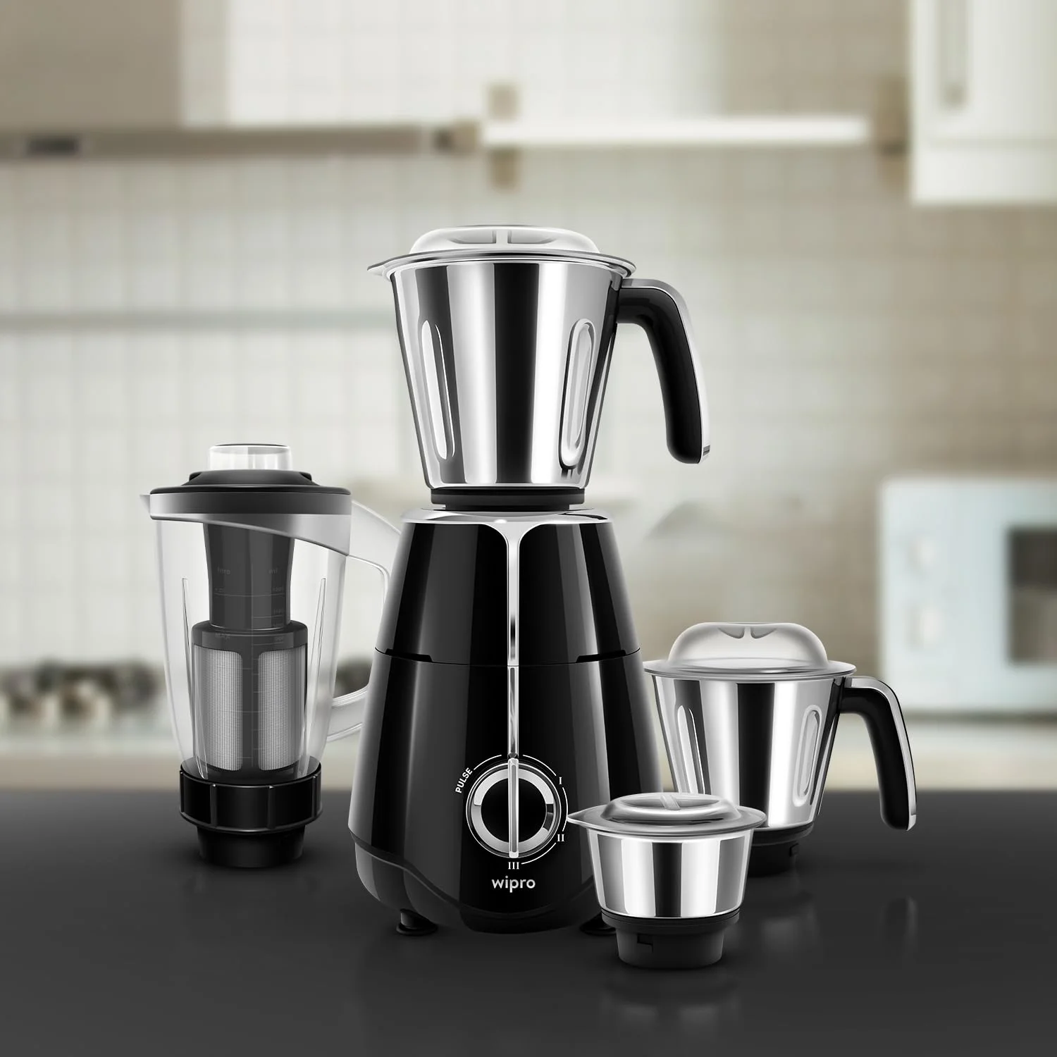 Wipro Elato FMG206 1000 Watt Mixer Grinder with 4 Jars,Heavy Duty 100% Copper Motor,Superfast Grinding,Stone Pounding Blade for Masala, 4 Jars Mixer Grinder 1000 Watt, 5 Years Motor Warranty, Black - image 1