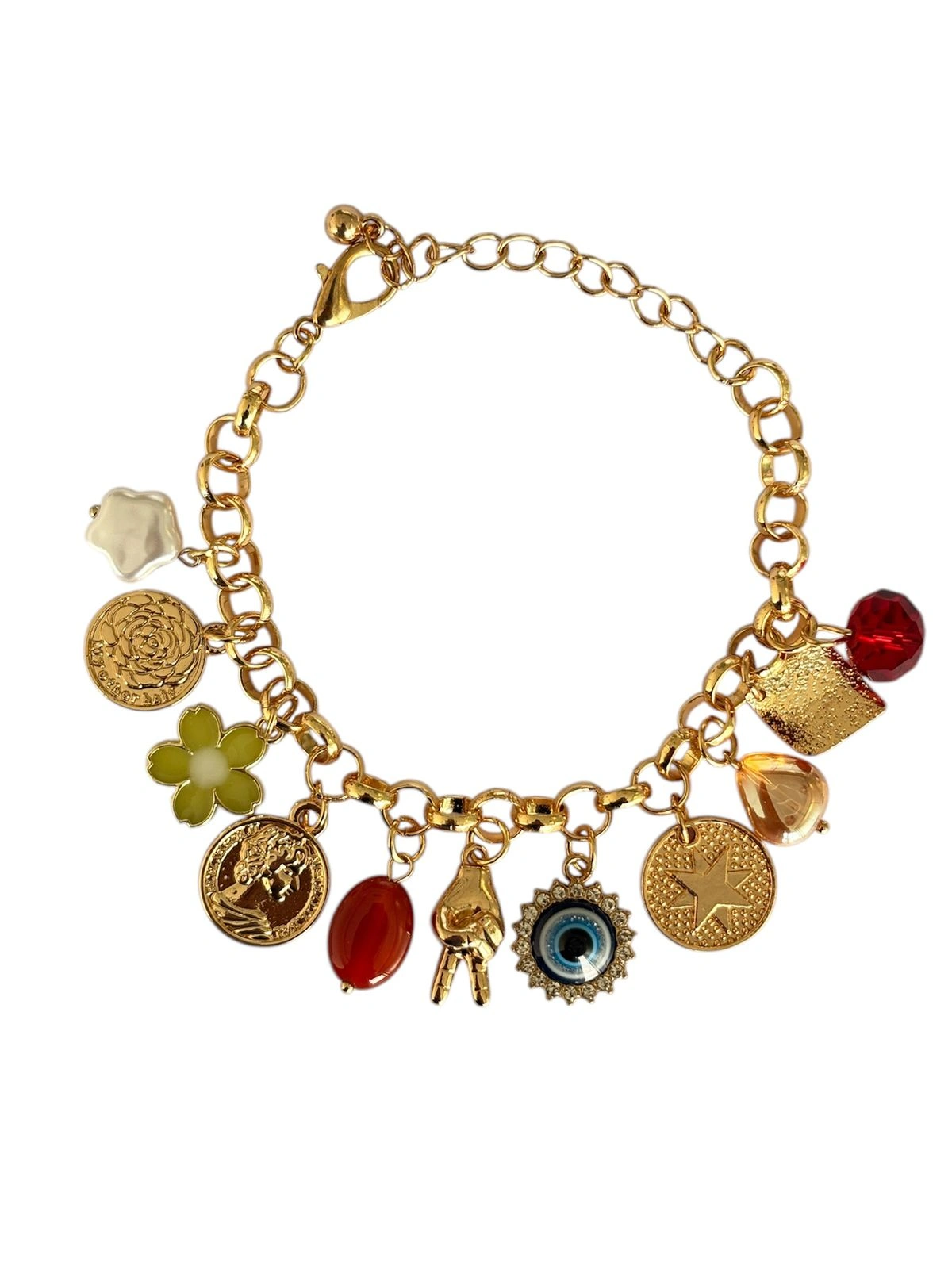Multi Charm Gold Bracelet with Evil Eye