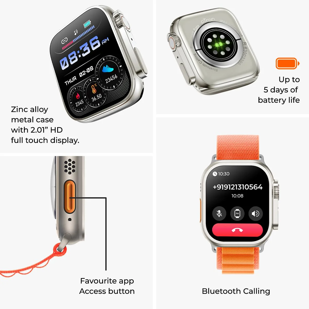 pTron Newly Launched Reflect Pro Plus Smartwatch, Bluetooth Calling, 2.01" Full Touch Display, 650 NITS, Digital Crown,Metal Frame,100+ Watch Faces, HR,SpO2,Voice Assist, 5 Days Battery Life (Orange) - image 2
