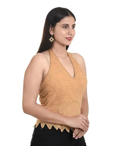Women's Net Poncho Head Embroidered New Halter Neck Back Less Tops Blosue For Girls Tops For Sari (IN, Alpha, Free Size, Regular, Beige) - image 2