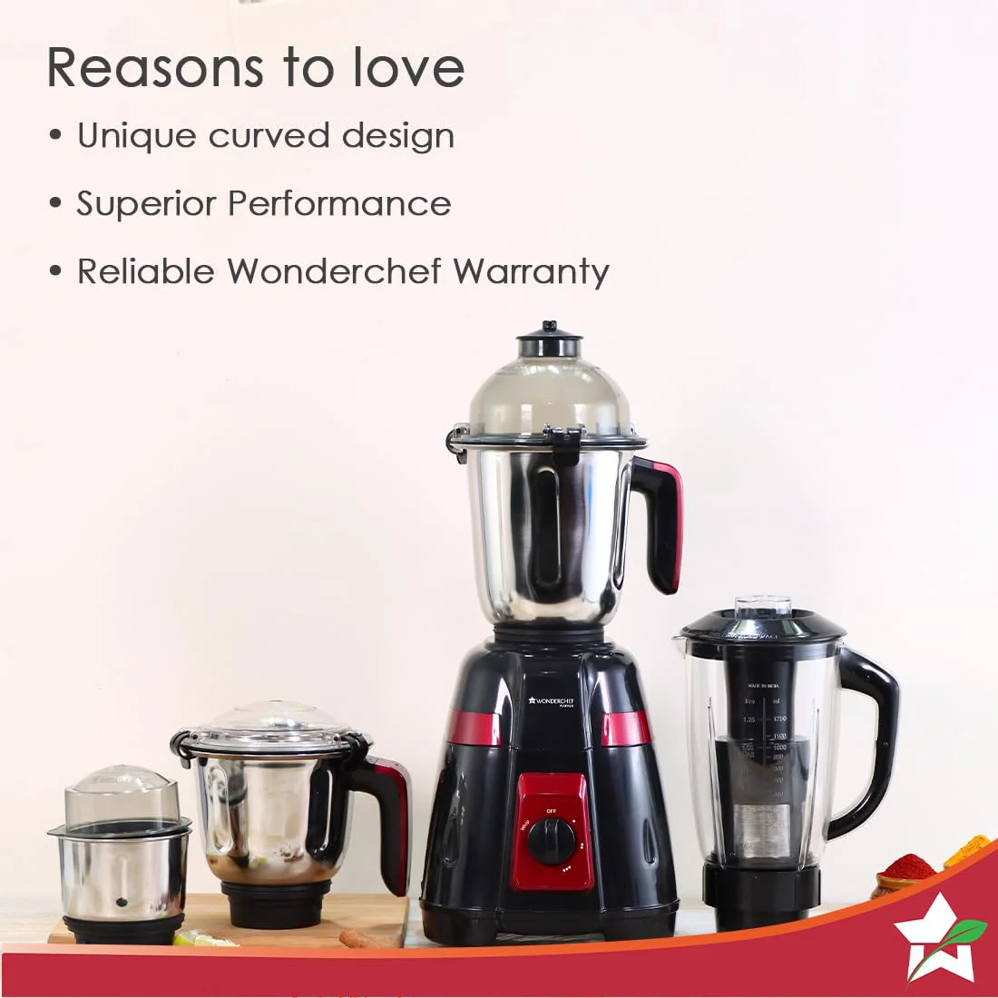 Wonderchef Platinum 750W Mixer Grinder | 4 Stainless Steel Jars with Fruit Filter Jar | Powerful 750W motor | 3-Speed & Pulse Function | Anti Skid Feets | 5 years warranty on motor | Black & Red - image 1