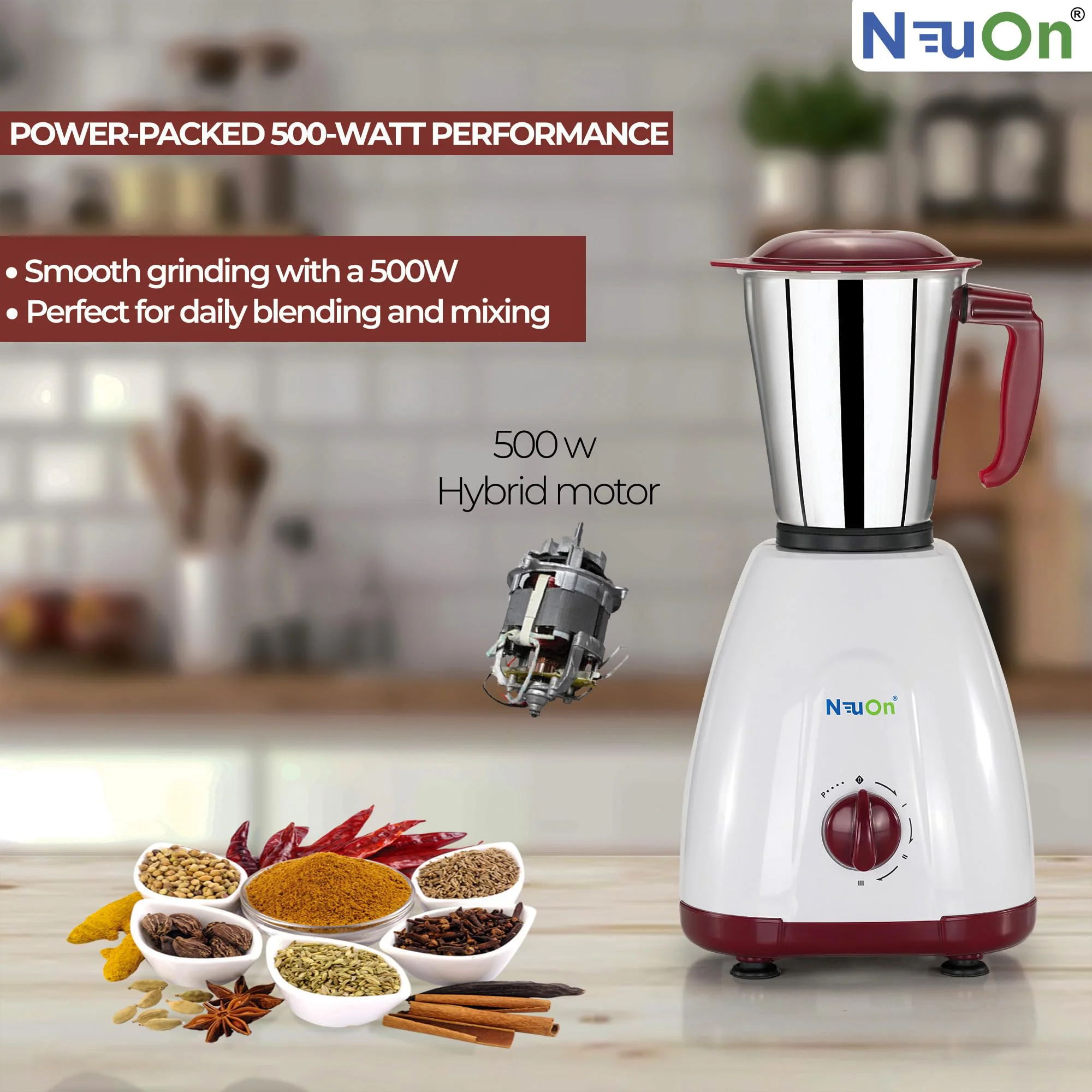neuon Elite 500 Watt Mixer grinder for Kitchen with 3 Jars Countertop Blender with 3 Speed Levels Stainless Steel Blade Multipurpose Grinding Wet & Dry Masala Chutney and Smoothie - image 1