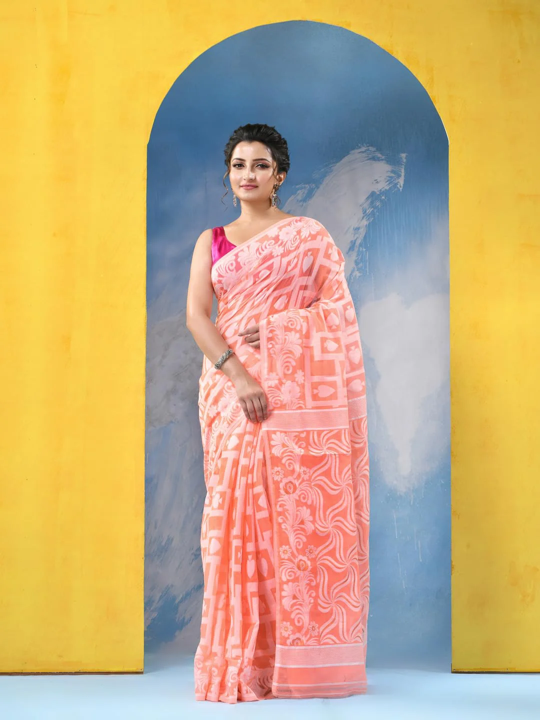 dB DESH BIDESH Women`s Resham Dhakai Jamdani Cotton Handloom Saree Playing Card Design Jamdani Saree (Orange White) - image 2