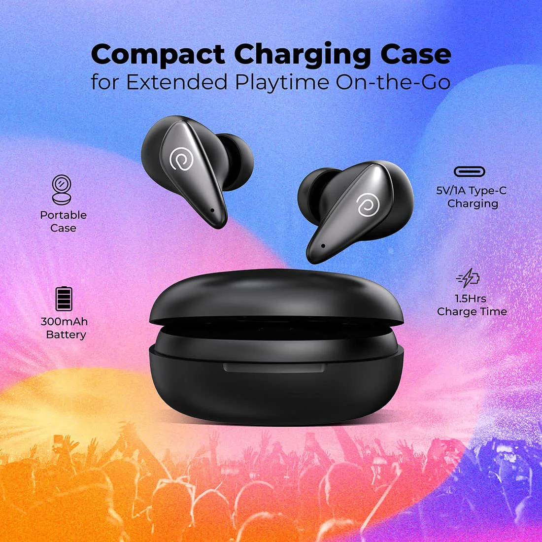 pTron Bassbuds Wave with TruTalk AI-ENC Calls, Movie/Music Modes, Deep Bass, BT5.3 Wireless Headphones, 40Hrs Combined Playtime, in-Ear TWS Earbuds, Touch Control & Typ-C Fast Charging & IPX4 (Black) - image 2