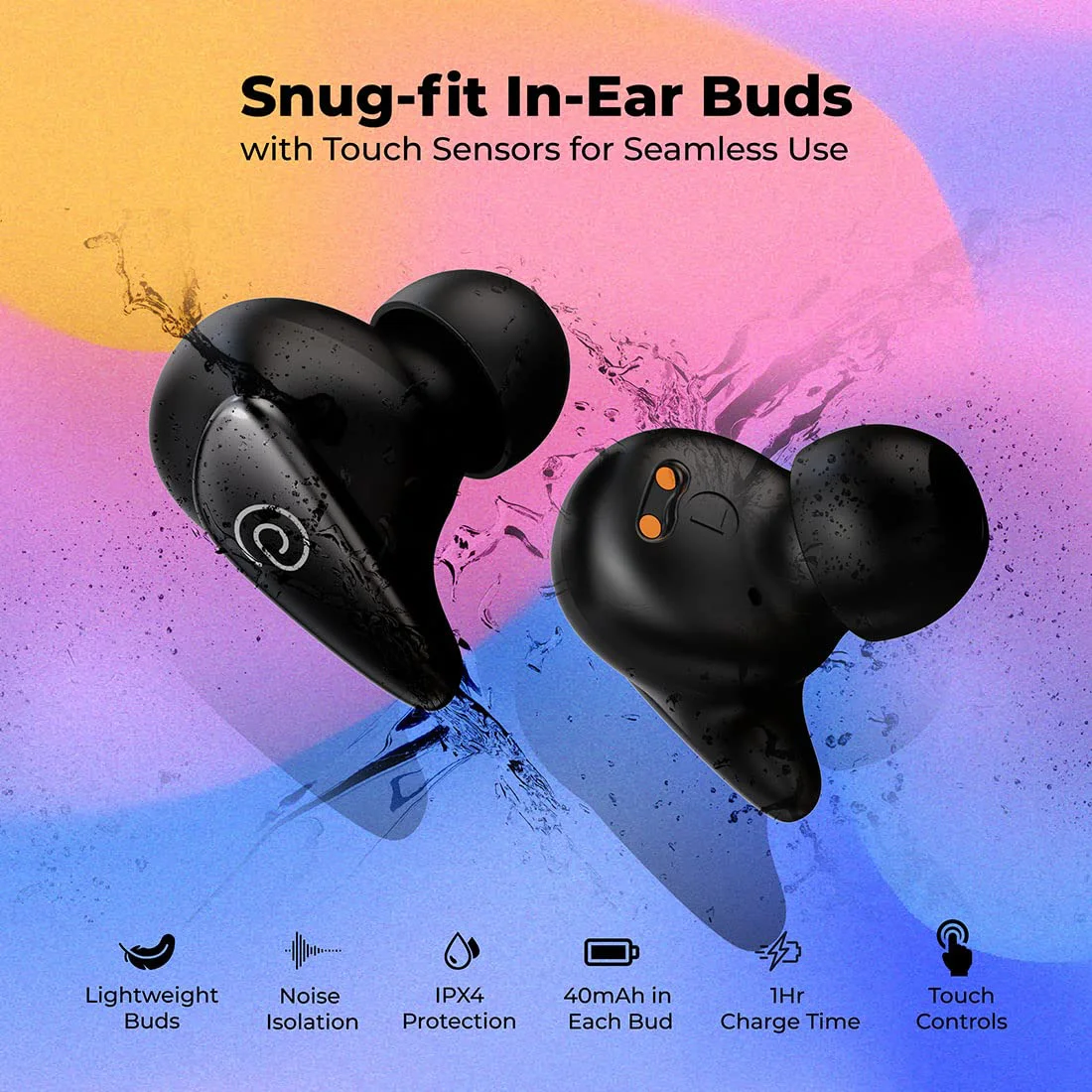 pTron Bassbuds Wave with TruTalk AI-ENC Calls, Movie/Music Modes, Deep Bass, BT5.3 Wireless Headphones, 40Hrs Combined Playtime, in-Ear TWS Earbuds, Touch Control & Typ-C Fast Charging & IPX4 (Black) - image 1