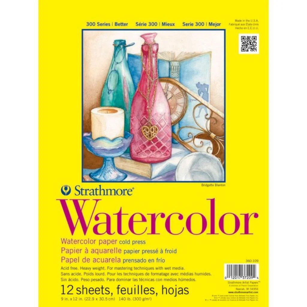 Strathmore 300 Series Watercolor 9''X12'' Natural White Medium & Smooth Grain 300 Gsm Paper, Short-Side Tape Bound Pad Of 12 Sheets