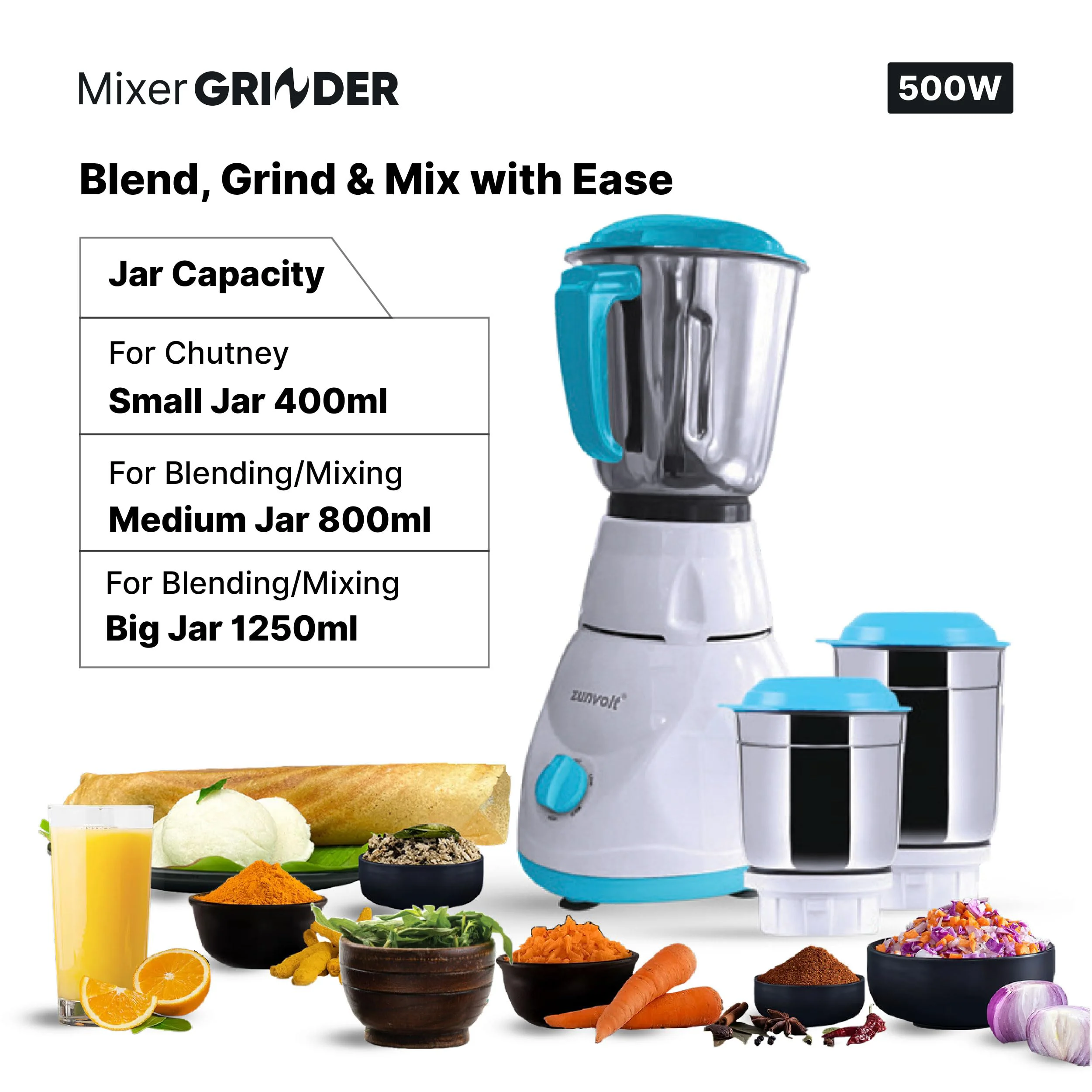 ZunVolt 3 JAR Mixer Grinder -500W with Flow Breaker Jars, 22000 RPM Motor & 1 Year Warranty Cover (Turquoise-White) - image 1