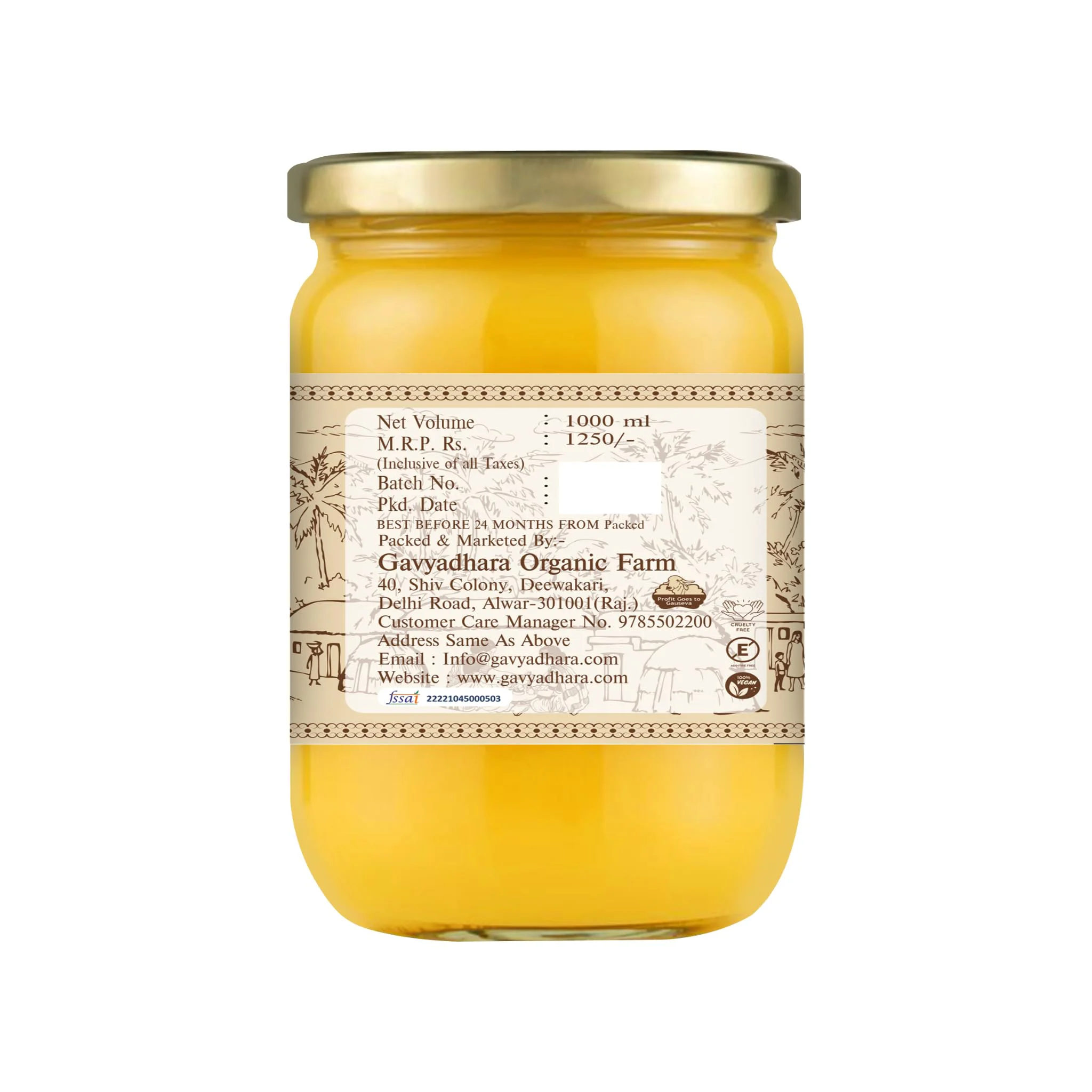 Gavyadhara A2 Desi Cow Ghee | Traditionally Made | 1Ltr Glass Jar - image 1
