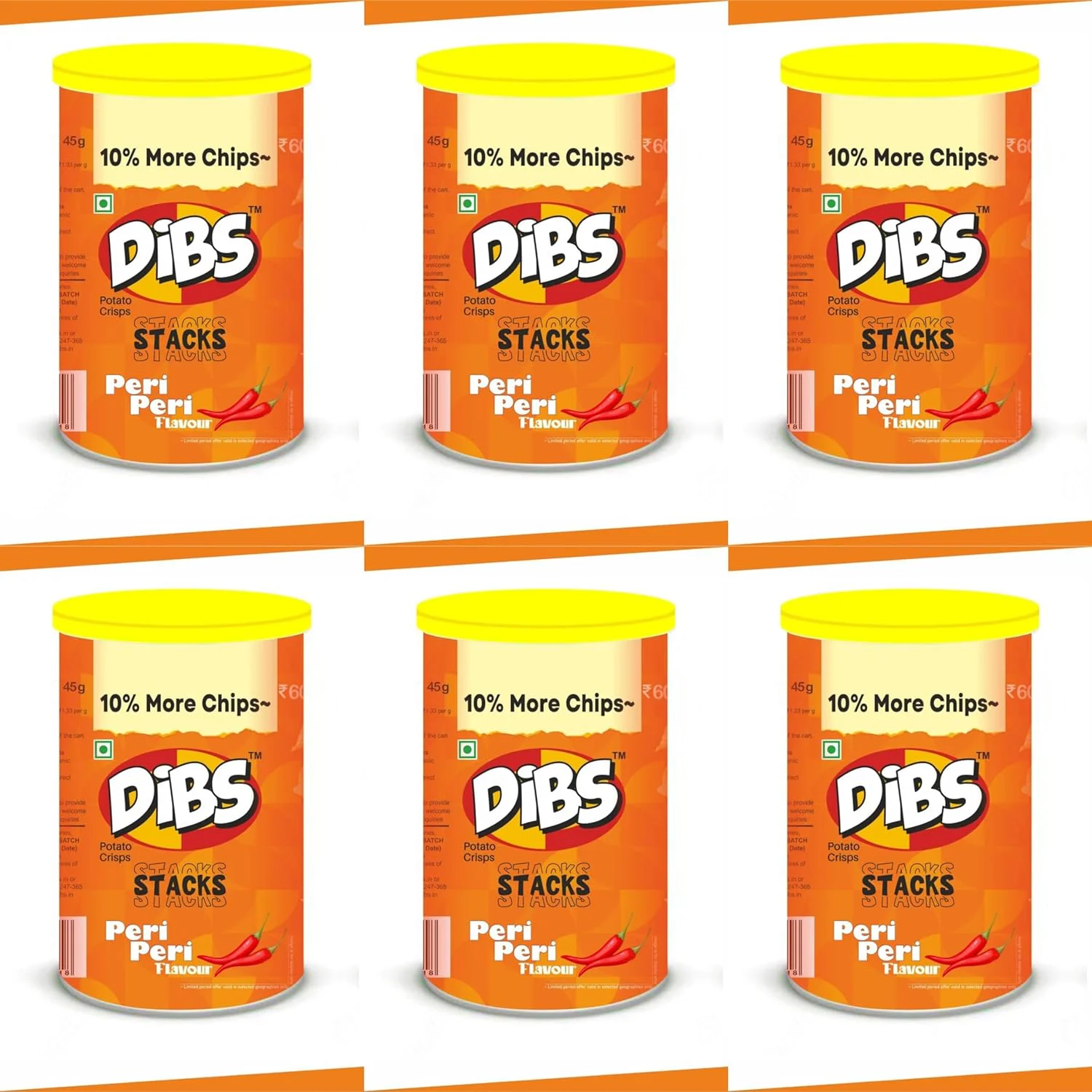 Dibs stacks (Pack of 6, 45 GM Each) Peri Peri Potato Crisps Chips On the Go Adventure, Crunchy Healthy and Tasty Chips, Snacks Chips - image 2