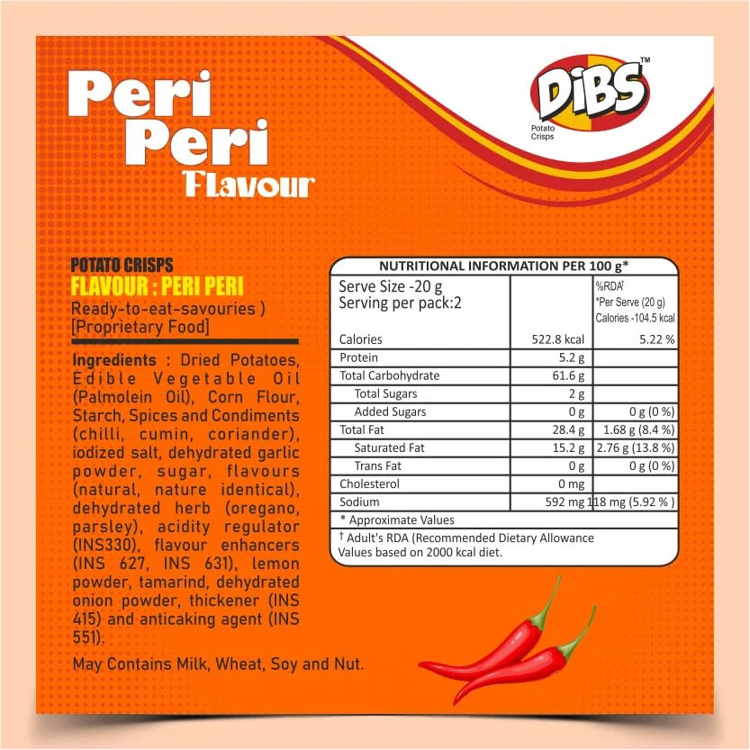 Dibs stacks (Pack of 6, 45 GM Each) Peri Peri Potato Crisps Chips On the Go Adventure, Crunchy Healthy and Tasty Chips, Snacks Chips - image 1