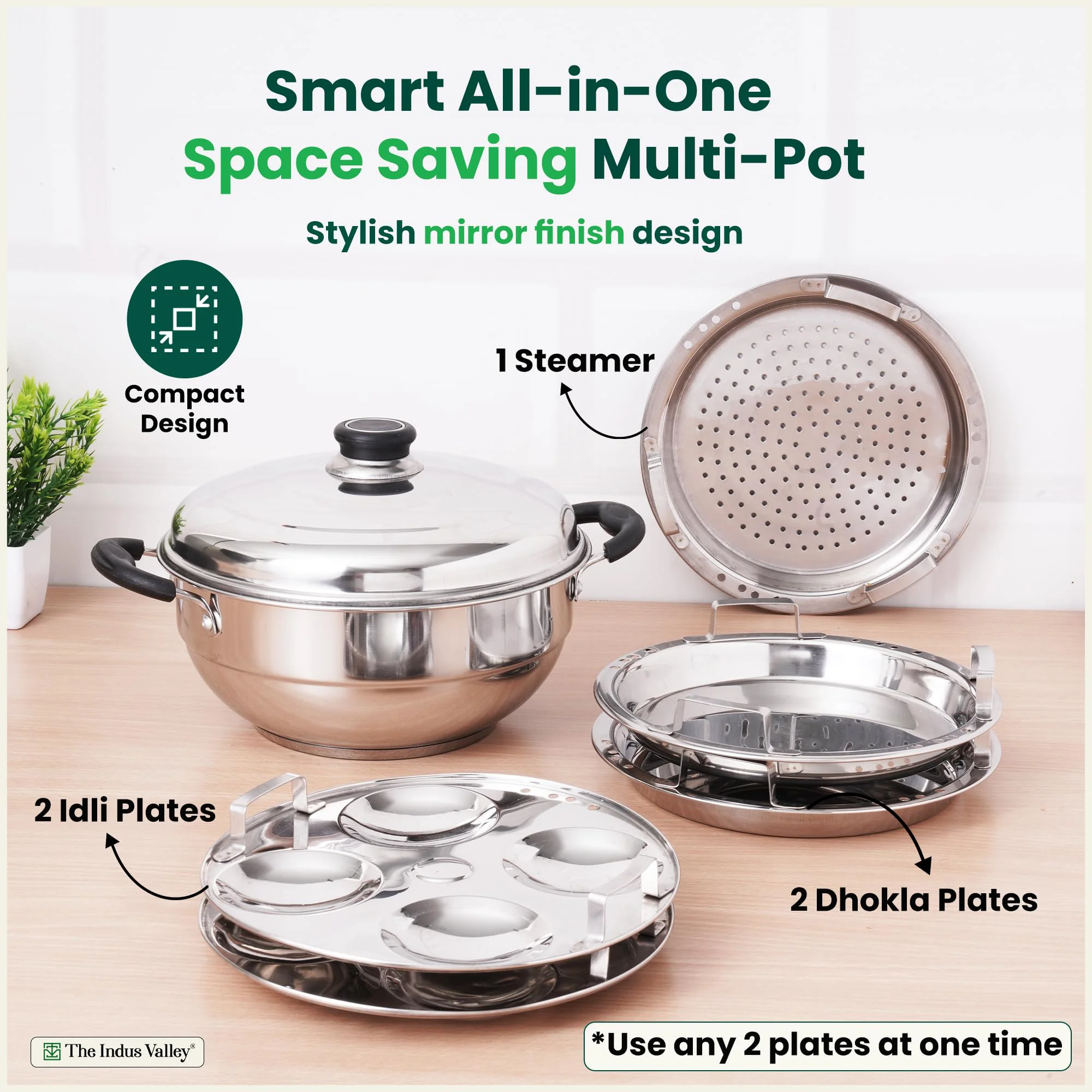 The Indus Valley Stainless Steel Idli Maker/Momo Maker/Multi Kadai/Steamer Set | Small, 5 Plates, 2 Idli | 2 Dhokla | 1 Steamer | 23cm/9 inch, 3Ltr, 1.7kg | 3-Layer Thick Bottom | Induction friendly - image 2