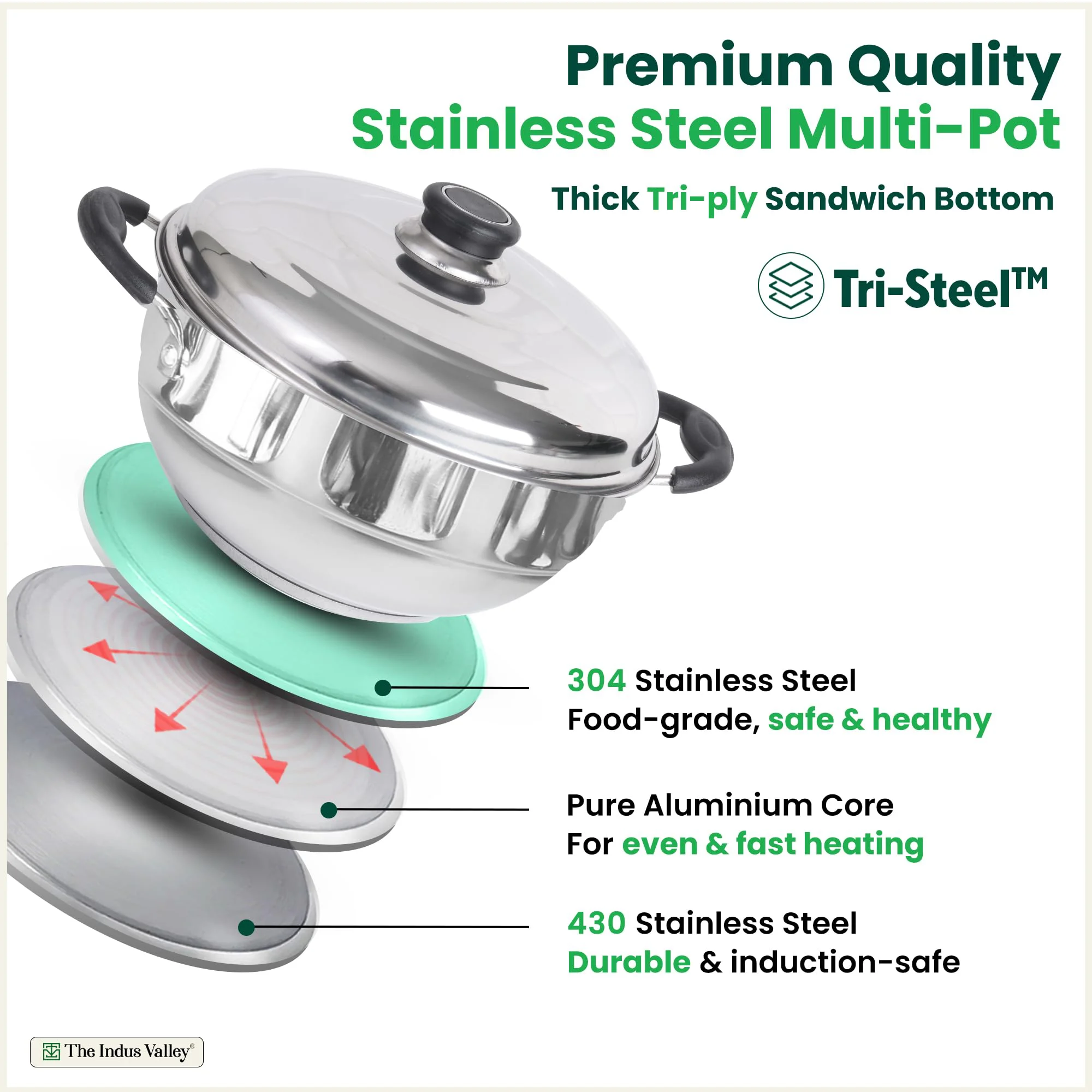 The Indus Valley Stainless Steel Idli Maker/Momo Maker/Multi Kadai/Steamer Set | Small, 5 Plates, 2 Idli | 2 Dhokla | 1 Steamer | 23cm/9 inch, 3Ltr, 1.7kg | 3-Layer Thick Bottom | Induction friendly - image 1