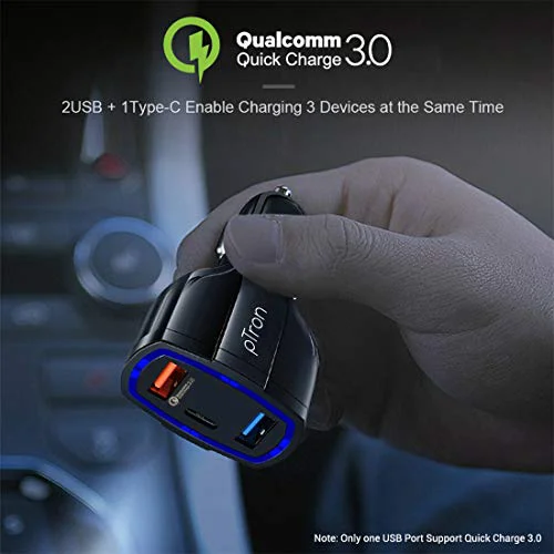 pTron Bullet Pro 36W PD Quick Charger, 3 Port Fast Car Charger Adapter - Compatible with All Smartphones & Tablets (Black) - image 1