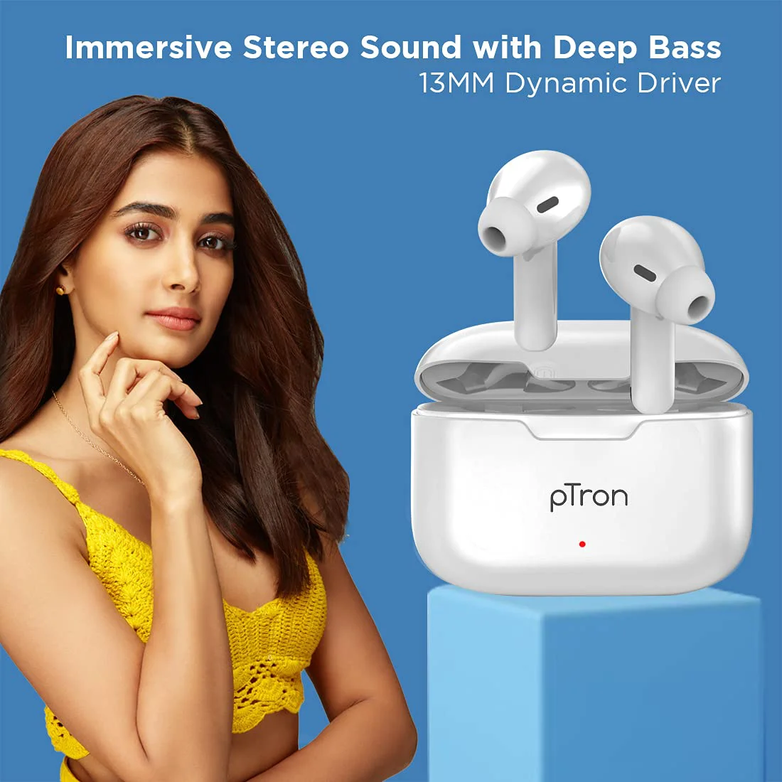 pTron Bassbuds Duo in Ear Earbuds with 32Hrs Total Playtime, Bluetooth 5.1 Wireless Headphones, Stereo Audio, Touch Control TWS, with Mic, Type-C Fast Charging, IPX4 & Voice Assistance (White) - image 1