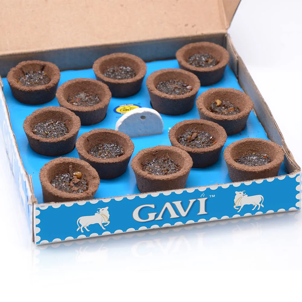 Cycle Pure Gavi Cow Dung Sambrani Dhoop Cups for Pooja (36 pcs) | Havan Cups for Pooja, Home & Festivals | Guggal/Loban Dhoop Original | Cow Dung Dhoop | Pack of 3 (12 Cups/pack + 1 burner plate/pack) - image 1