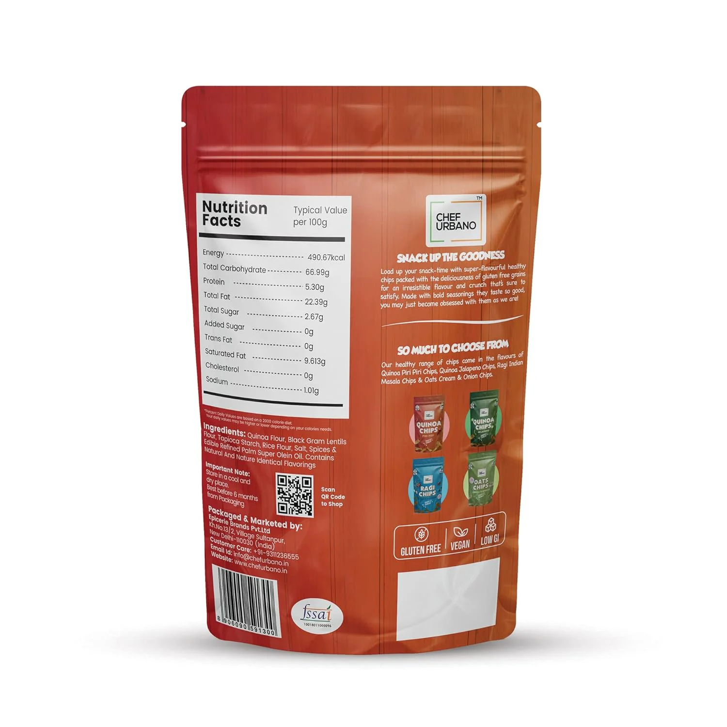 Chef Urbano Quinoa Chips Piri Piri 85g | Gluten Free | Vegan | Low GI| Crunchy Healthy Snacks | High Protein and Fiber Rich Good for Diet | Good for Kids (Pack of 50) - image 1