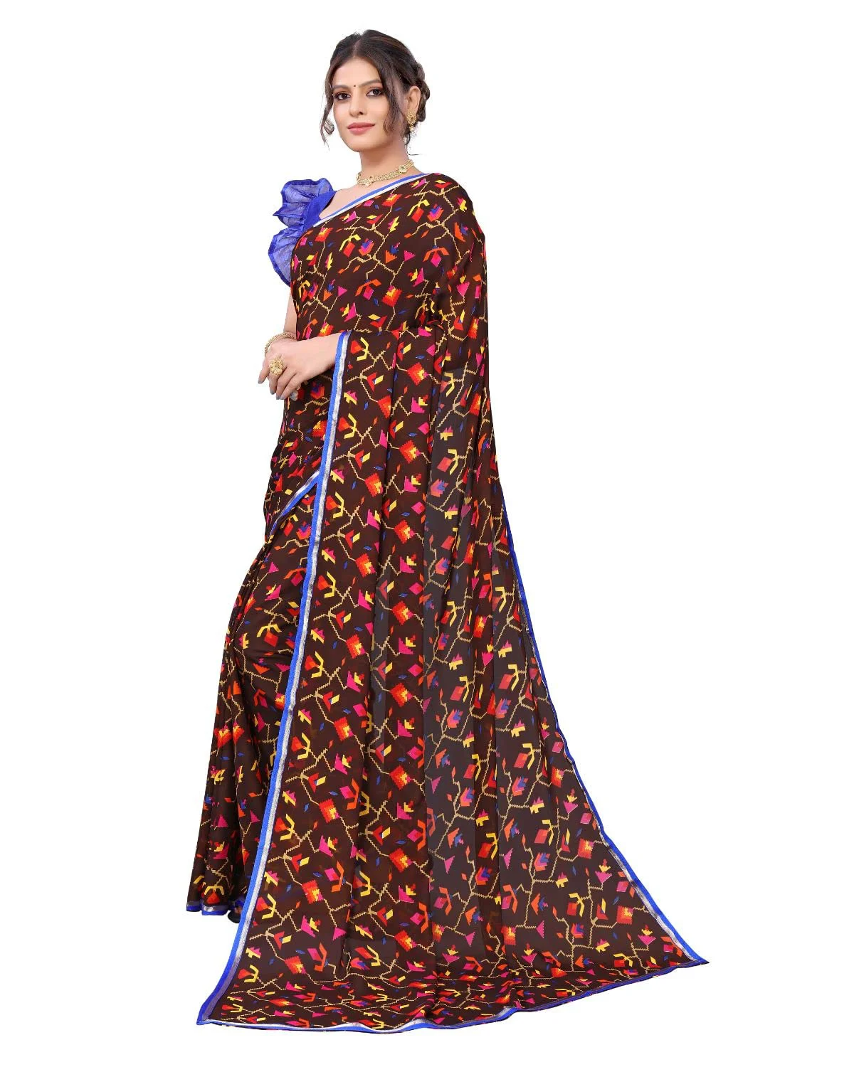 Tarshika Women's Brown Floral Printed Georgette Saree with lace border(RAVAN BROWN_W_Free Size) - image 1