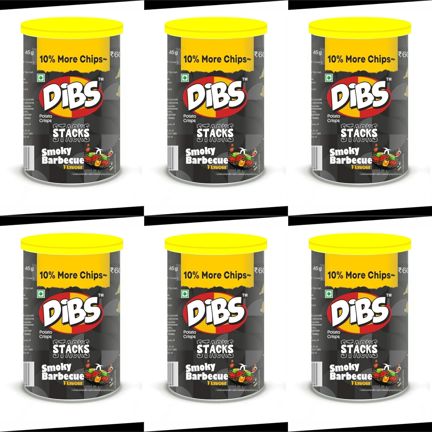 Dibs stacks (Pack of 6, 45 GM Each) Smoky Barbecue Potato Crisps Chips On the Go Adventure, Crunchy Healthy and Tasty Chips, Snacks Chips - image 1