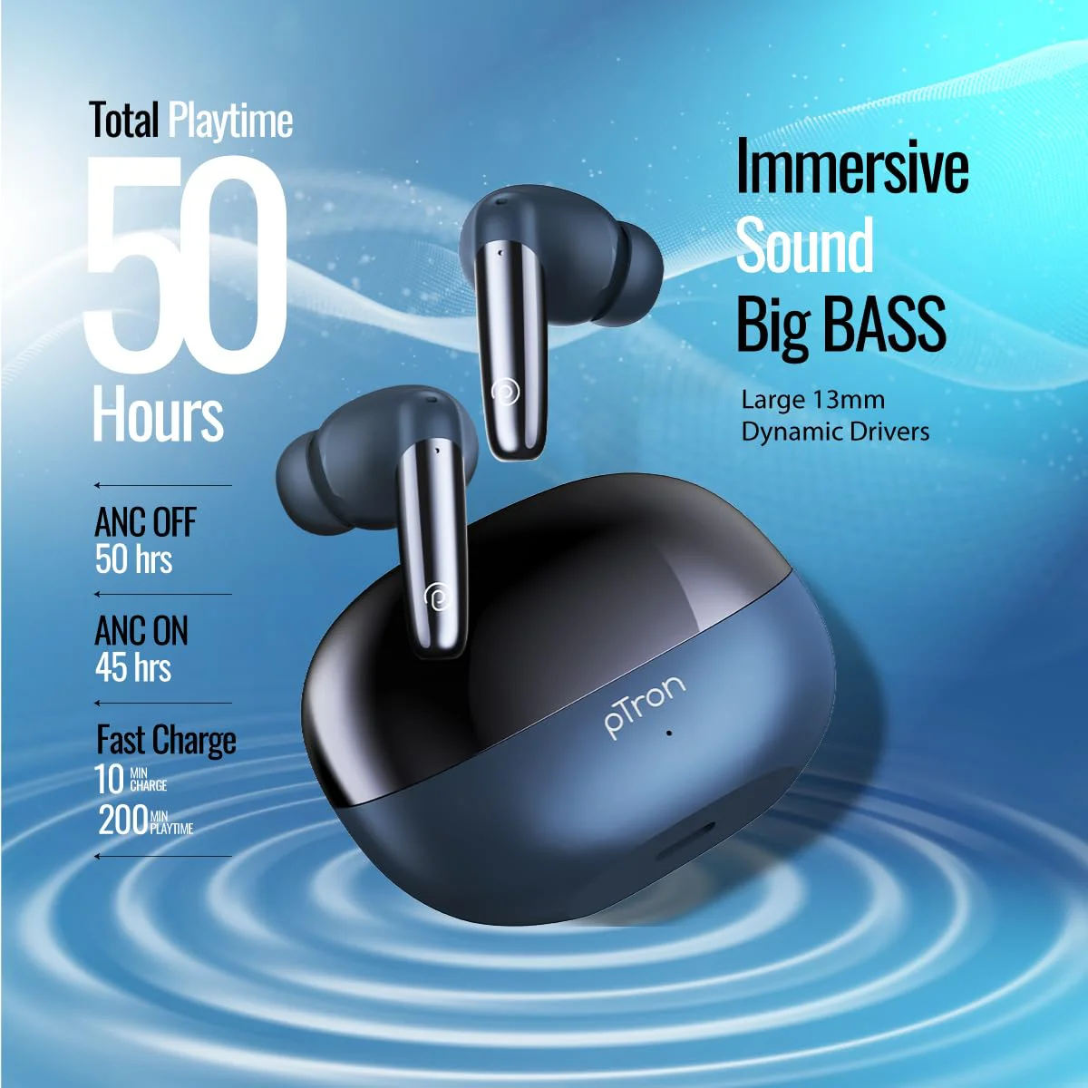 pTron Newly Launched Zenbuds Ultima ANC Earbuds, 35dB Active Noise Cancellation TWS, Transparency Mode, Quad Mic TruTalk ENC Calls, 50Hrs Playtime & in-Ear Bluetooth 5.3 Wireless Headphones (Blue) - image 2
