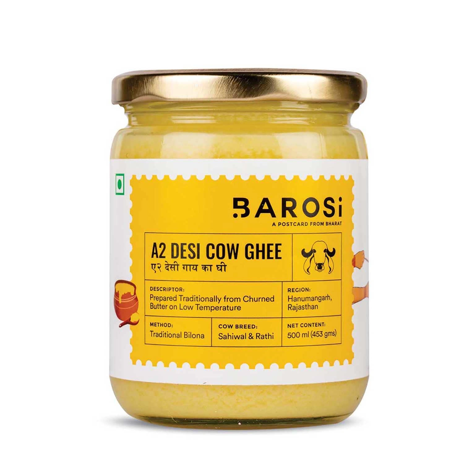 Barosi Premium A2 Cow Ghee 500 millilitre | A2 Danedar Desi Ghee | Churned from Curd with Bilona Method | Pure & Aromatic | Organic, Farm Made in Small Batches | Glass Jar Packing - image 2