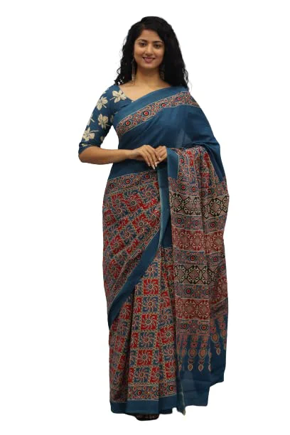 Tropwear Handicrafts Women's Ikat Hand Block Print Jaipuri Cotton Mulmul Saree with Blouse Piece - _SH_320 - image 2