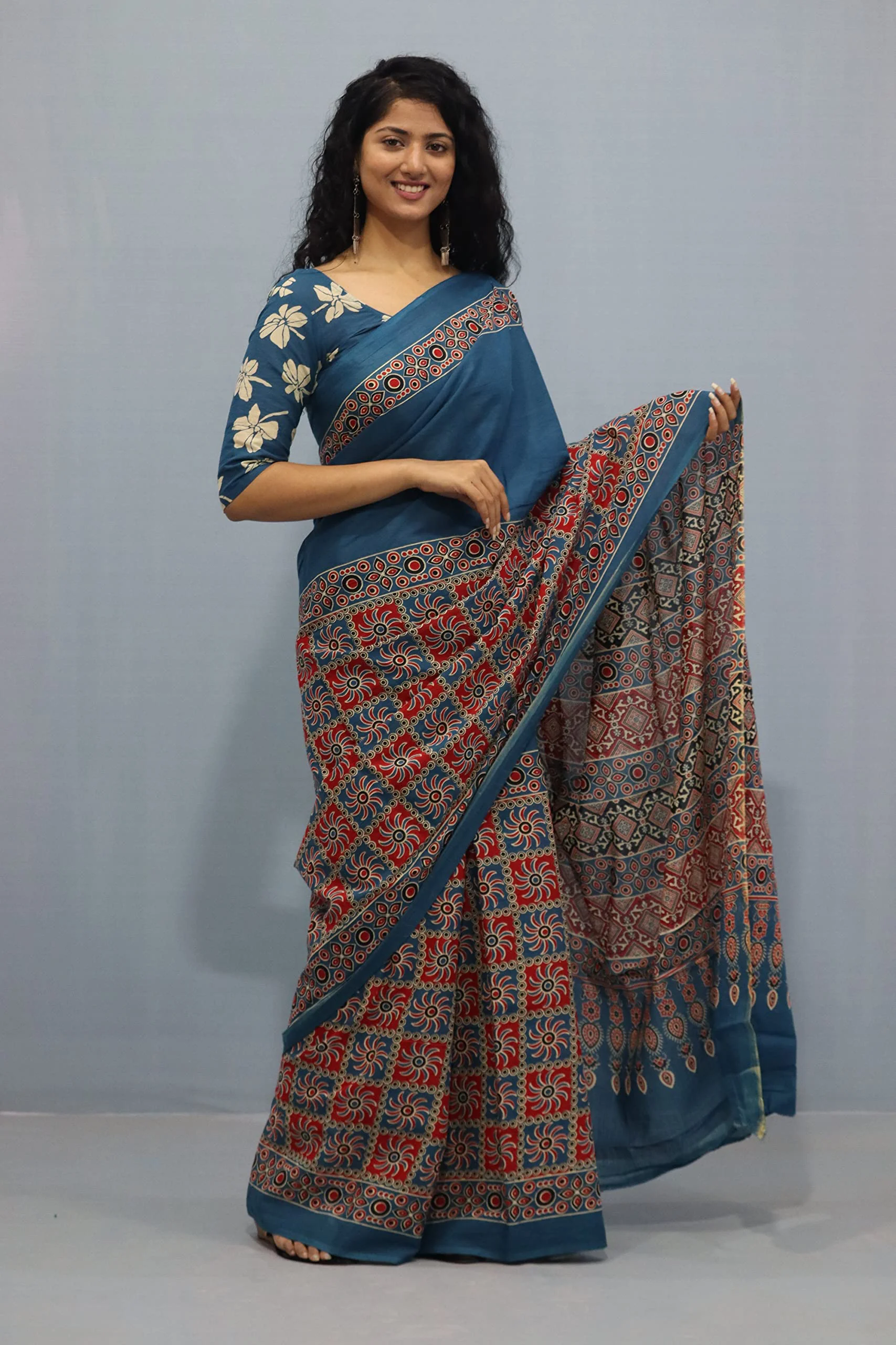 Tropwear Handicrafts Women's Ikat Hand Block Print Jaipuri Cotton Mulmul Saree with Blouse Piece - _SH_320 - image 1