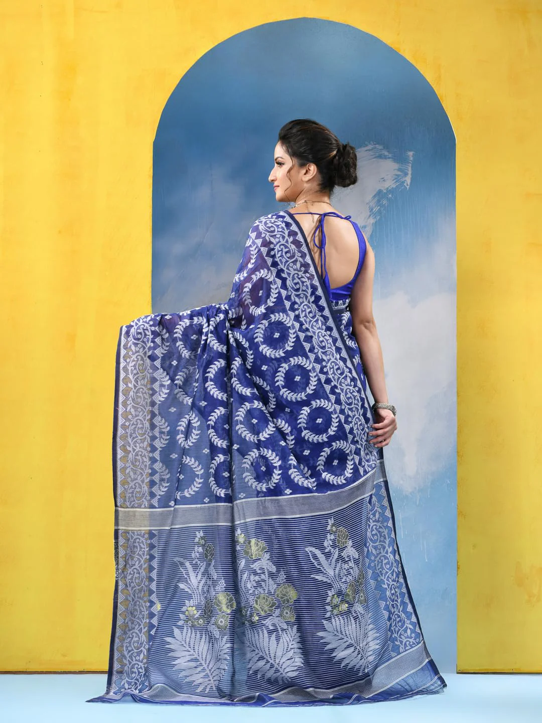 dB DESH BIDESH Women`s Resham Dhakai Jamdani Cotton Handloom Saree Rose Design Jamdani Saree (Blue White) - image 2