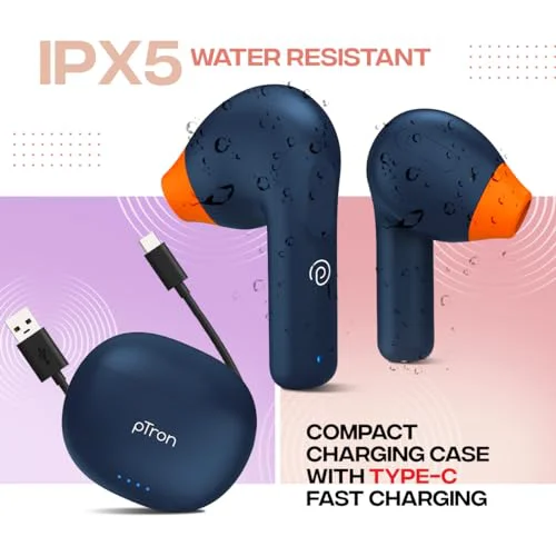 pTron Newly Launched Bassbuds NX TWS Earbuds, TruTalk AI-ENC Calls, 32Hrs Playtime, 13mm Drivers, Bluetooth 5.3 Wireless Headphone, Voice Assistant, Type-C Fast Charging & IPX5 Water Resistant (Blue) - image 2