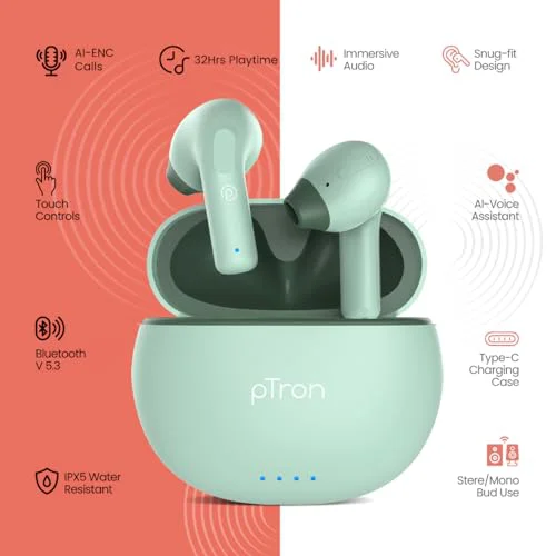 pTron Newly Launched Bassbuds NX TWS Earbuds, TruTalk AI-ENC Calls, 32Hrs Playtime, 13mm Drivers, Bluetooth 5.3 Wireless Headphone, Voice Assistant, Type-C Fast Charging & IPX5 Water Resistant(Green) - image 2