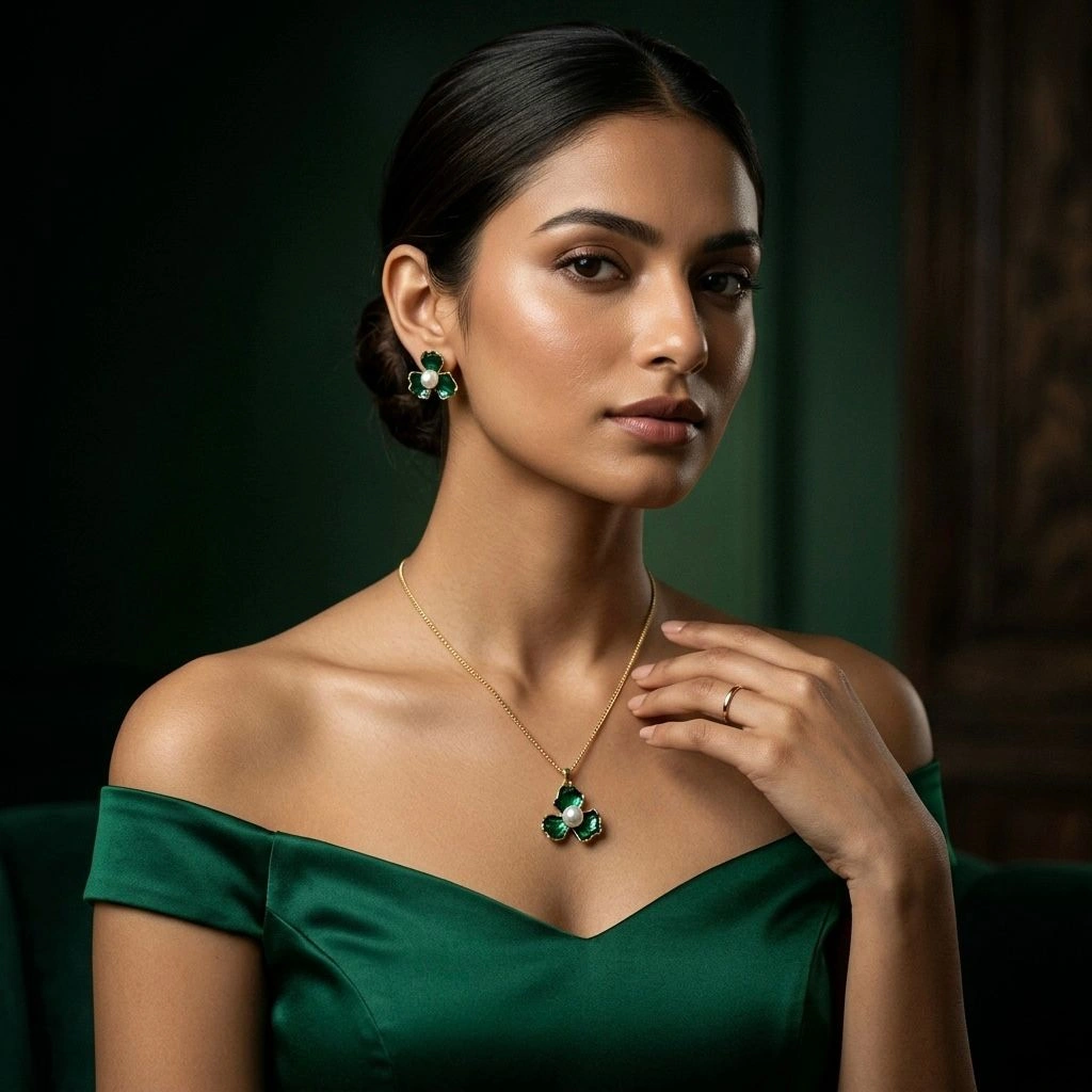 Green Stone Pendant Necklace & Earrings Set