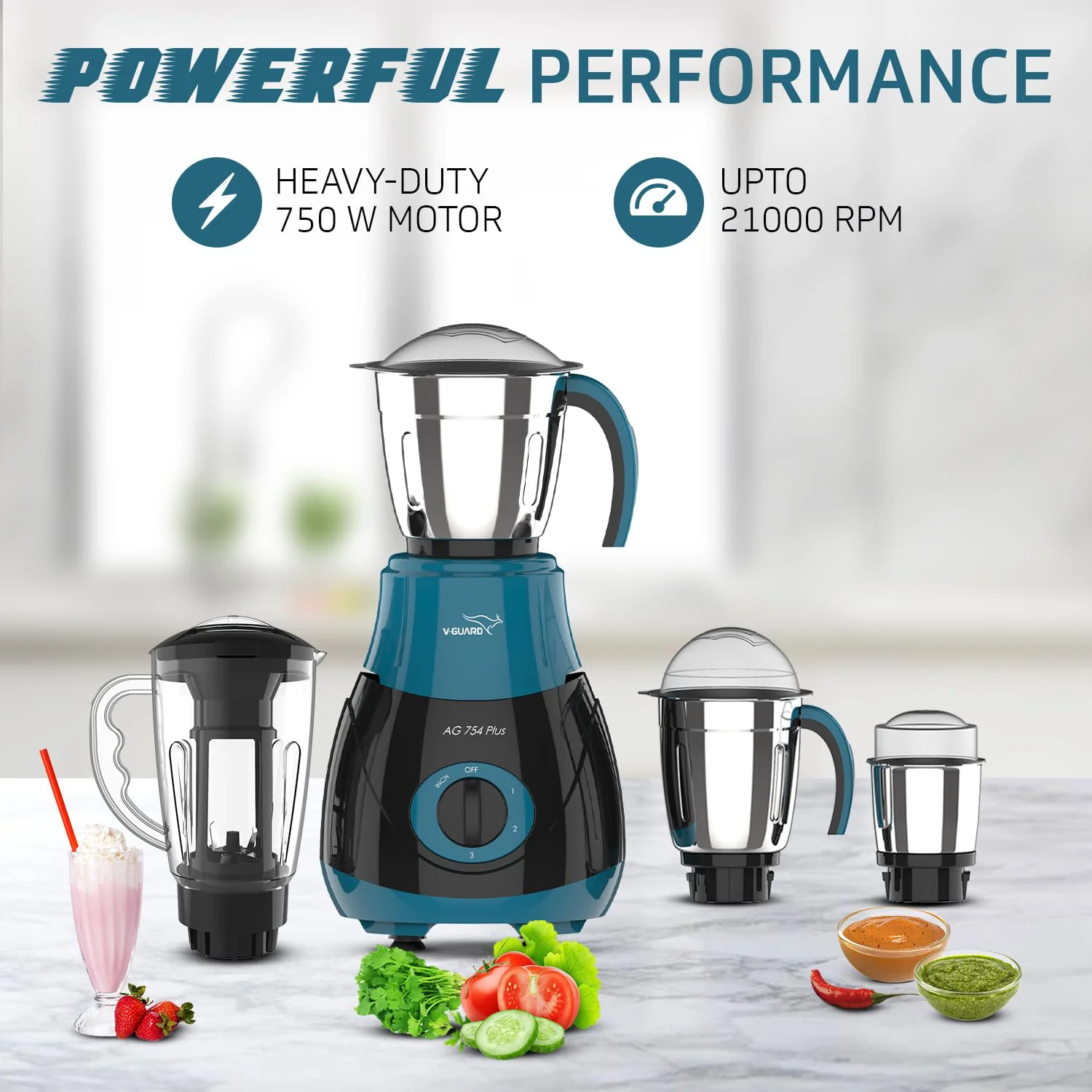 V-Guard AG 754 750 Watt Juicer Mixer Grinder, 3 Year Motor Warranty By V-Guard,4 Jars(Chutney, Dry, Wet & Juicer), Sturdy Juicer Jar with QuadraFlow Design, PrecisionBlend SS Blades, Blue-Black - image 1