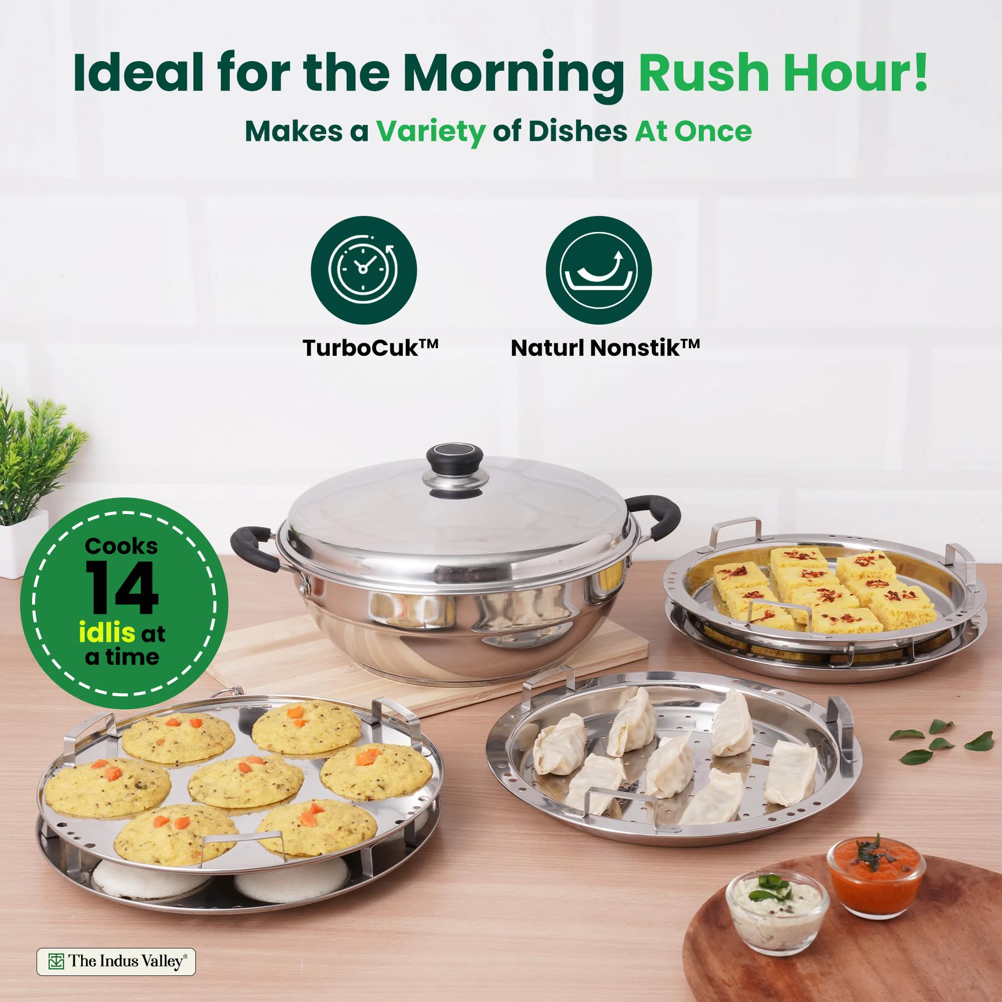 The Indus Valley Stainless Steel Idli Maker/Momo Maker/Multi Kadai/Steamer Set | Large, 5 Plates, 2 Idli | 2 Dhokla | 1 Steamer | 29cm/11.3 inch, 4.2Ltr, 2.5kg | 3-Layer Thick Bottom | Induction friendly - image 1