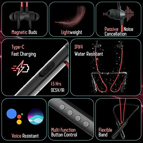 pTron Tangent Sports, 60Hrs Playtime, ENC BT5.2 Headphone, AptSense 40ms Low Latency Gaming, Punchy Bass, Dual Device Pairing, in-Ear Wireless Earphone, HD Mic, Type-C Fast Charging & IPX4 (Black/Red) - image 2