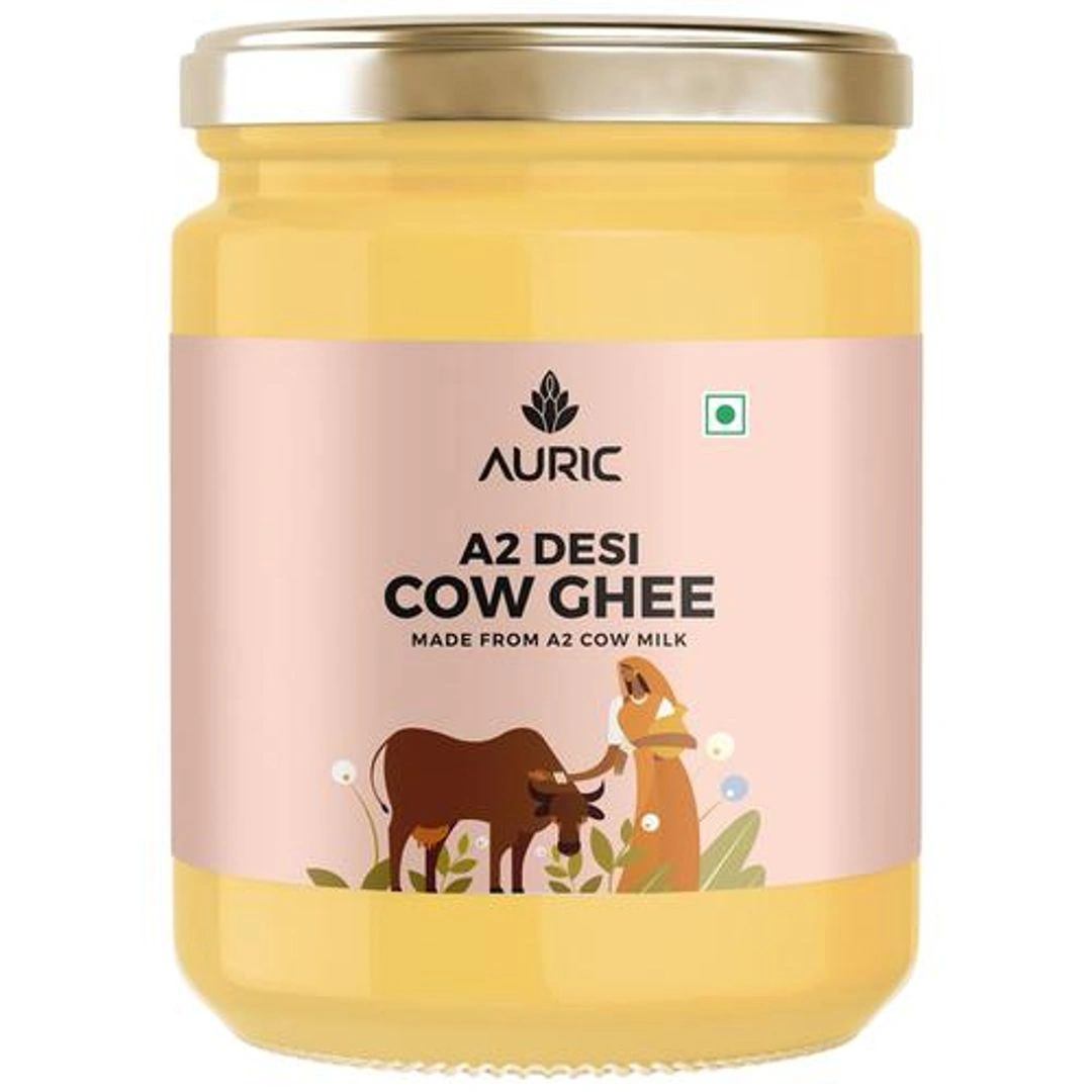Auric A2 Desi Cow Ghee - Vedic Bilona Method, Traditional Curd Churned, 500 ml Glass Jar - image 1