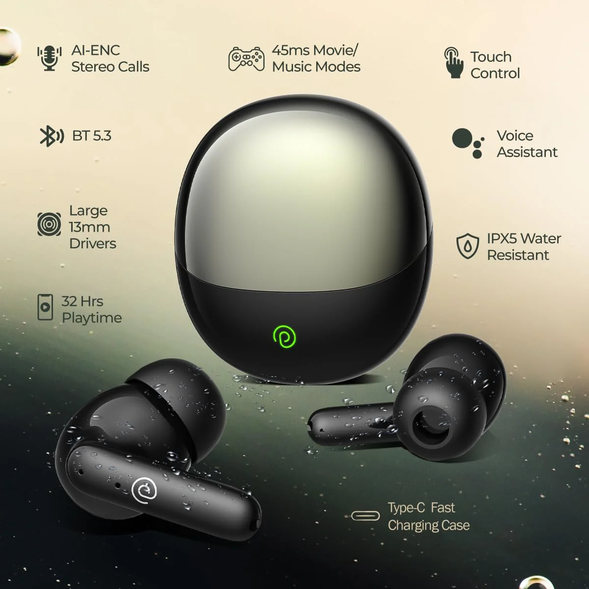 pTron Newly Launched Zenbuds Evo TWS Earbuds,Ai-Trutalk Enc Calls,45Ms Movie/Music Modes,Deep Bass,32Hrs Playtime,Bluetooth 5.3 Headphones,Ipx5 Water Resistant&Type-C Fast Charging (Black),in-Ear - image 2
