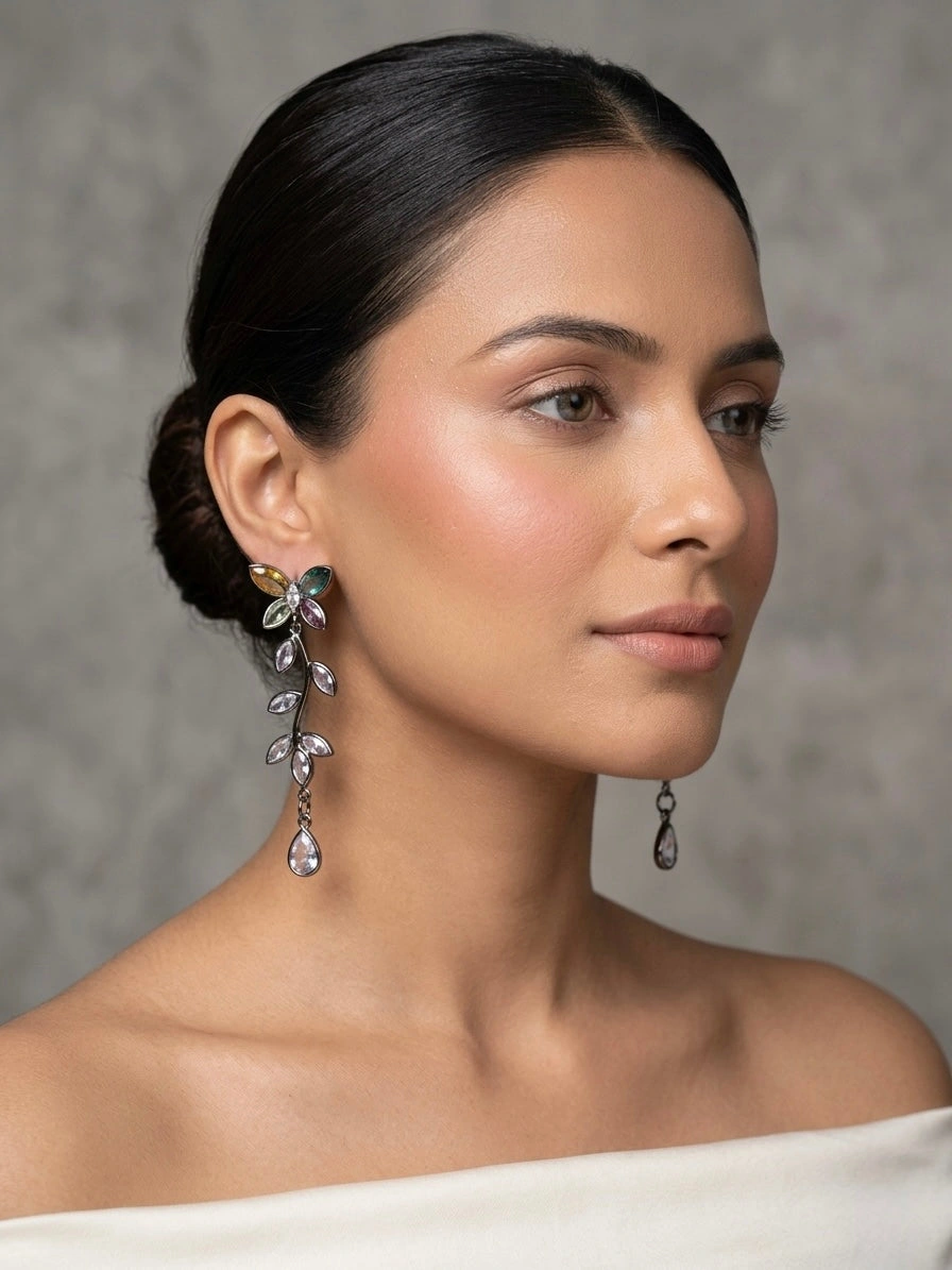 Golden Floral Crystal Drop Earrings – Artificial Jewellery for Women