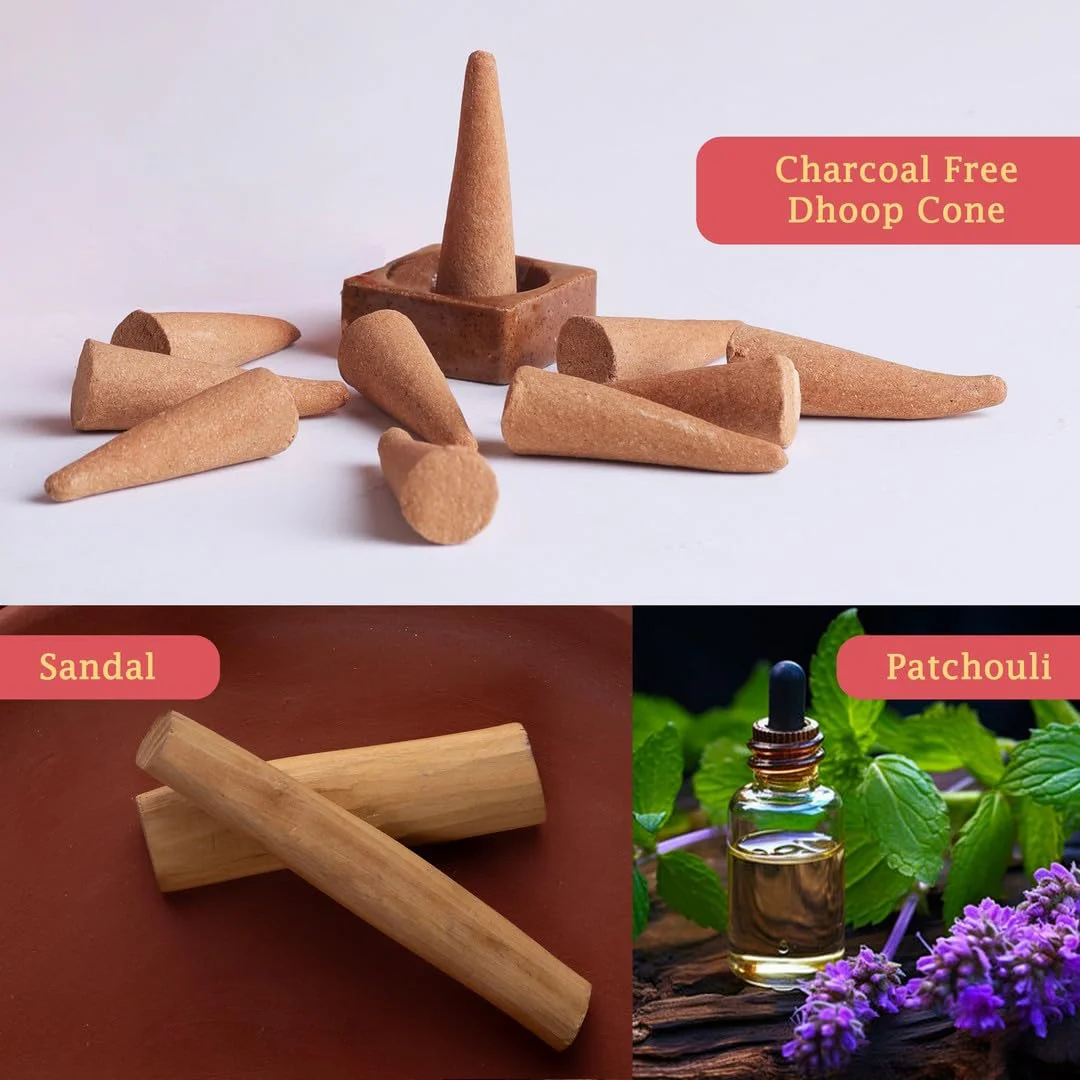 Mangaldeep Temple Premium Bambooless Dhoop Cones - Sandal & Patchouli - Ceramic Stand Inside - Charcoal Free (40 Cones) - image 1