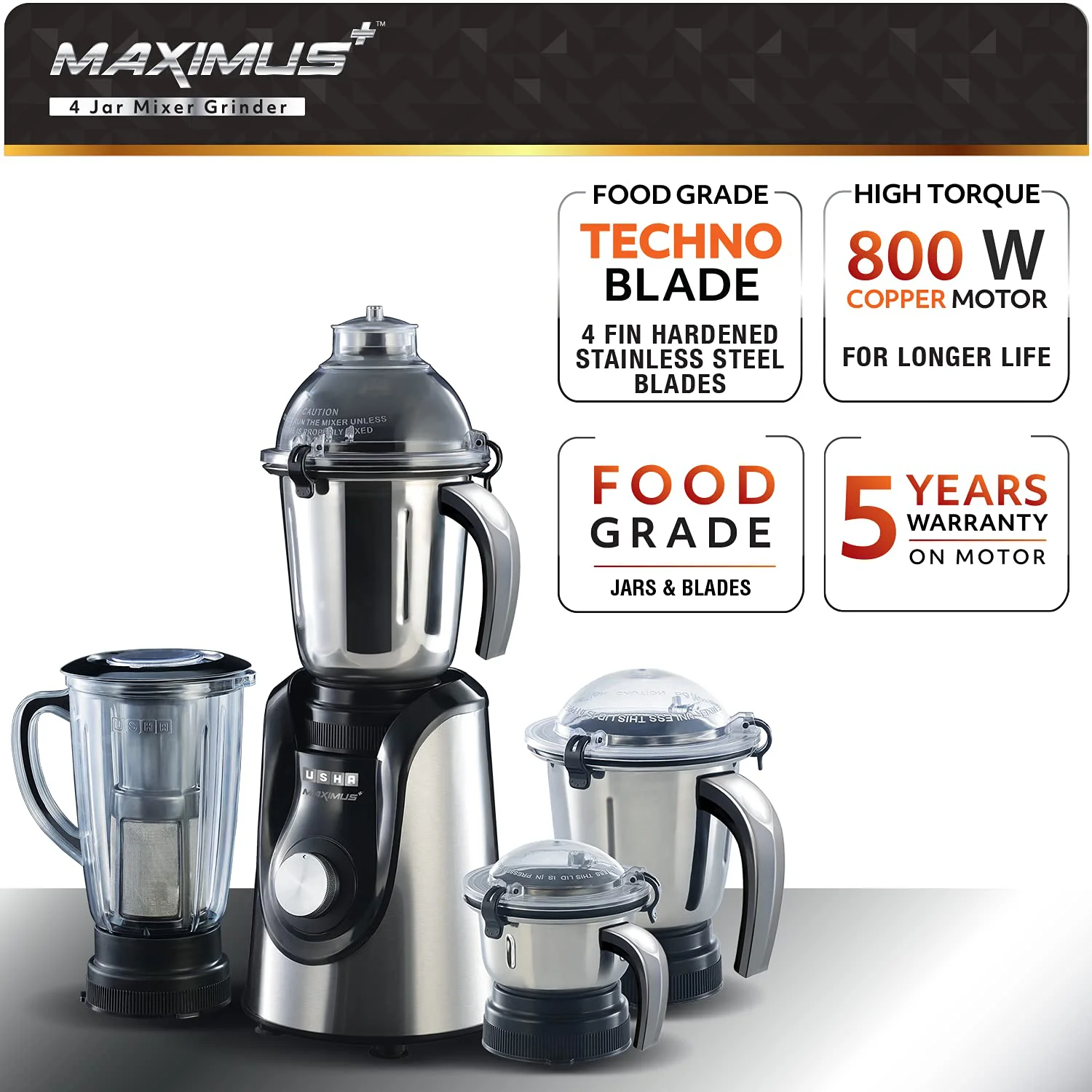 Usha Maximus Plus 800-Watt Copper Motor Mixer Grinder with 4 Jars and 5 Years Motor Warranty(Black & Stainless steel) - image 2