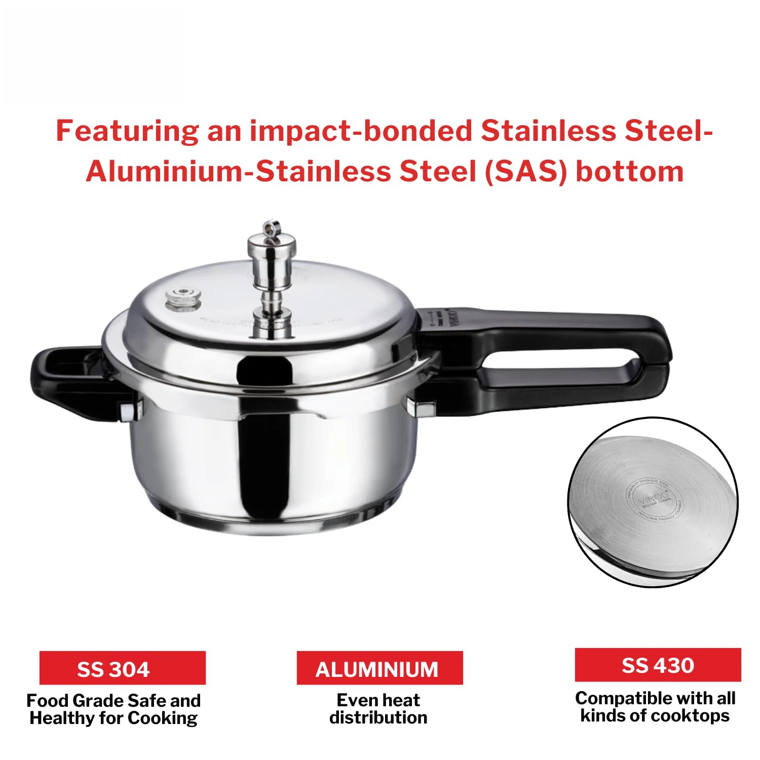 Vinod 18/8 Stainless Steel Pressure Cooker Outer Lid 3 Litre | Unique Sandwich Bottom Cooker | Induction and Gas Base | ISI and CE certified | 2 Years Warranty - image 2