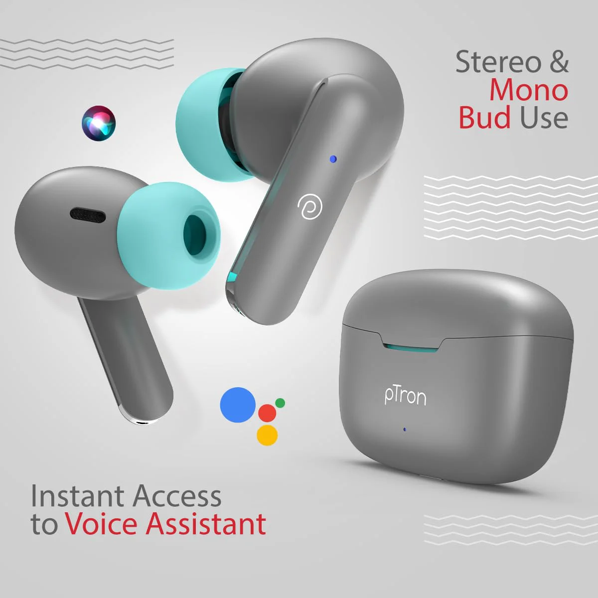 pTron Bassbuds Duo in-Ear Wireless Earbuds, Immersive Sound, 32Hrs Playtime, Clear Calls TWS Earbuds, Bluetooth V5.1 Headphones, Type-C Fast Charging, Voice Assistant & Ipx4 Water Resistant (Grey) - image 2