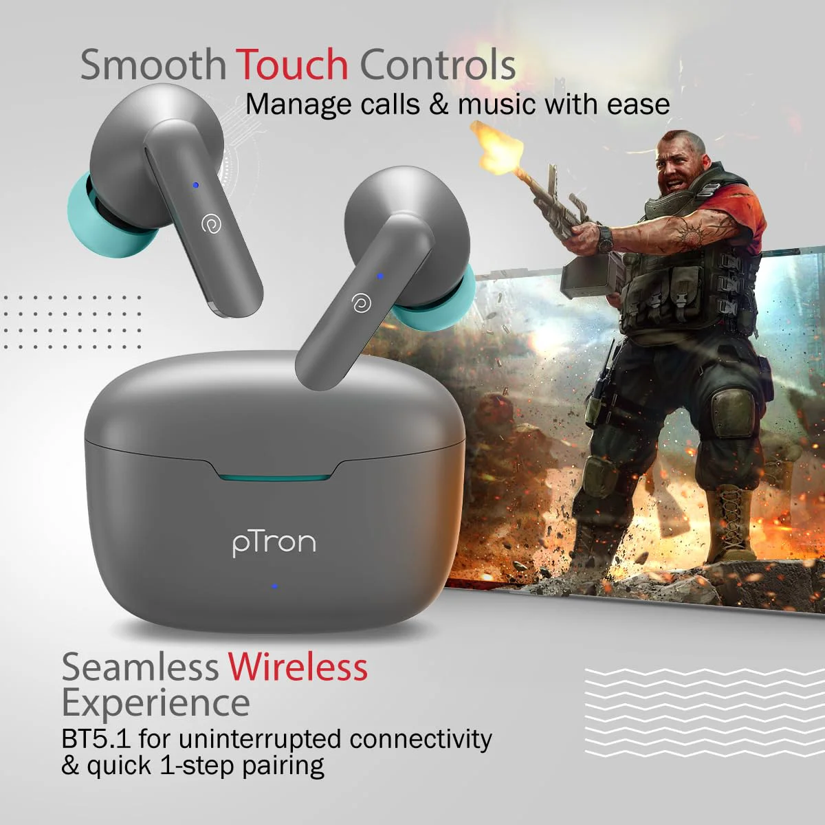 pTron Bassbuds Duo in-Ear Wireless Earbuds, Immersive Sound, 32Hrs Playtime, Clear Calls TWS Earbuds, Bluetooth V5.1 Headphones, Type-C Fast Charging, Voice Assistant & Ipx4 Water Resistant (Grey) - image 1
