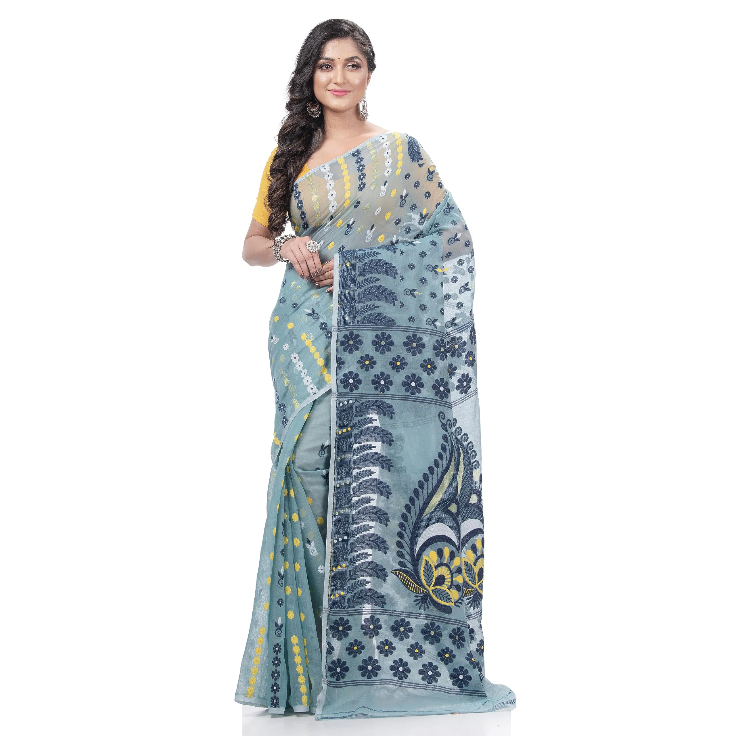 dB DESH BIDESH Women`s Resham Dhakai Jamdani Pure Cotton Handloom Saree Lojjaboti Design without Blouse Piece (Firoza Blue) - image 2