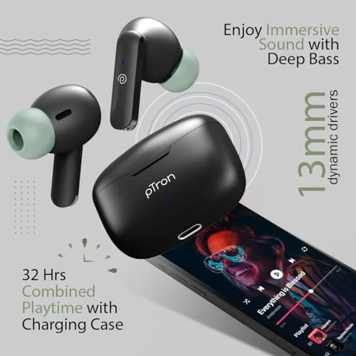 pTron Bassbuds Duo In-Ear Wireless Earbuds, Immersive Sound, 32Hrs Playtime, Clear Calls TWS Earbuds, Bluetooth V5.1 Headphone,Type-C Fast Charging, Voice Assist & IPX4 Water Resistant (Black & Green) - image 1