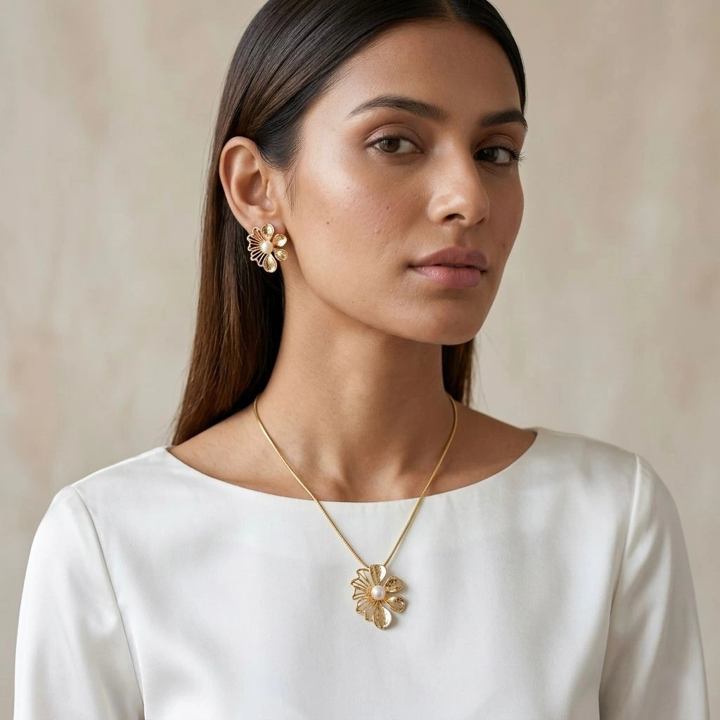 Gold Floral Pendant Necklace & Earrings Set