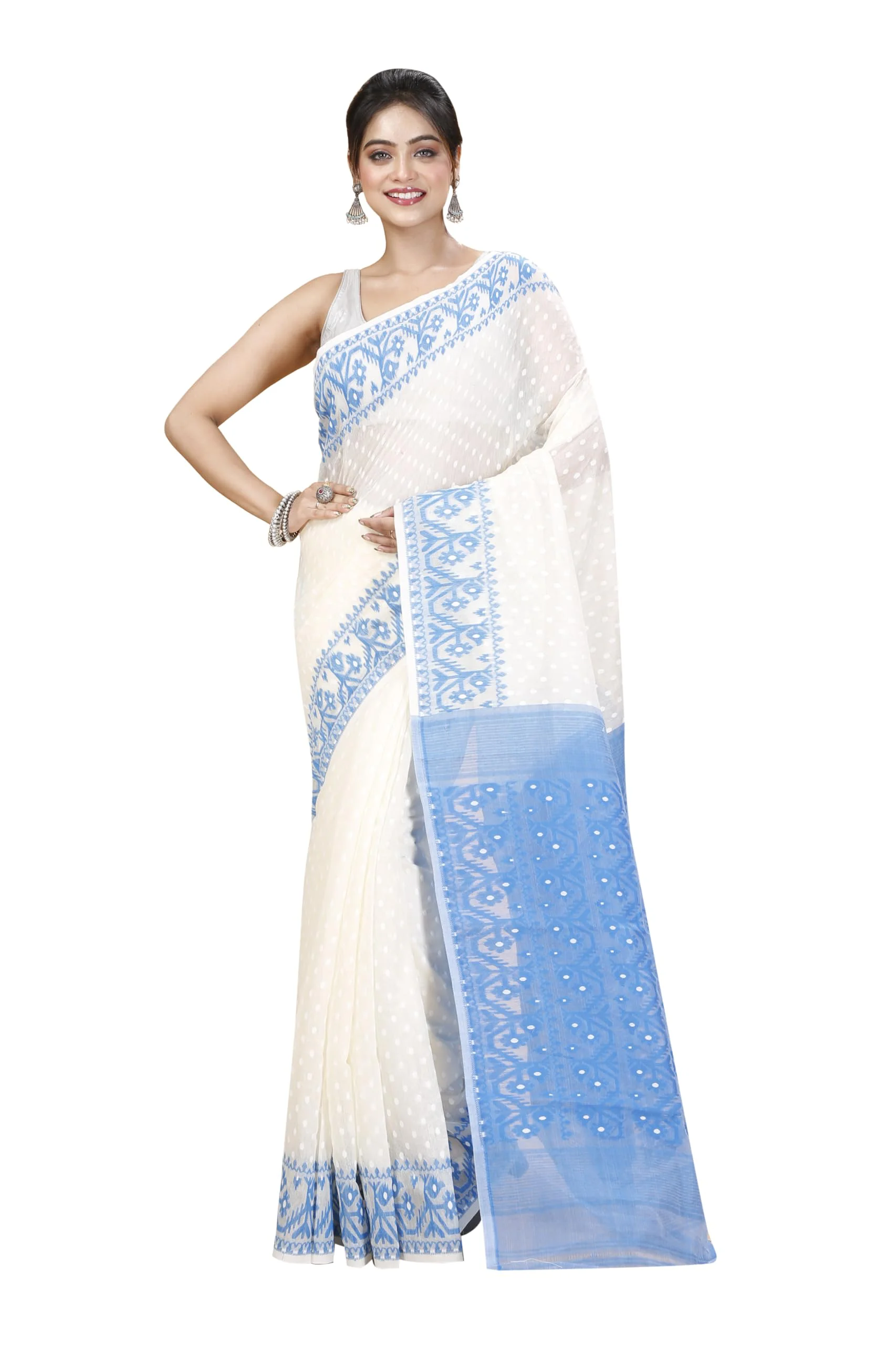 Tant Vastra Women’s Soft Resham Dhakai Ball Work Jamdani Saree without Starch And Without Blouse Piece (Steel) (White-Light Blue) - image 1