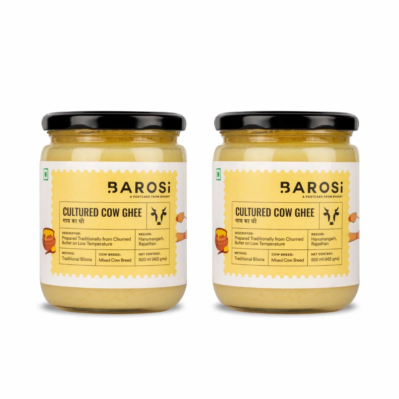 Barosi Premium Cultured Desi Cow Ghee 1 Litre (Combo Pack of 2 * 500ml) | Vedic Bilona Method | Churned from Curd | Pure & Natural | Farm Made in Small Batches | Glass Jar Packing - image 2