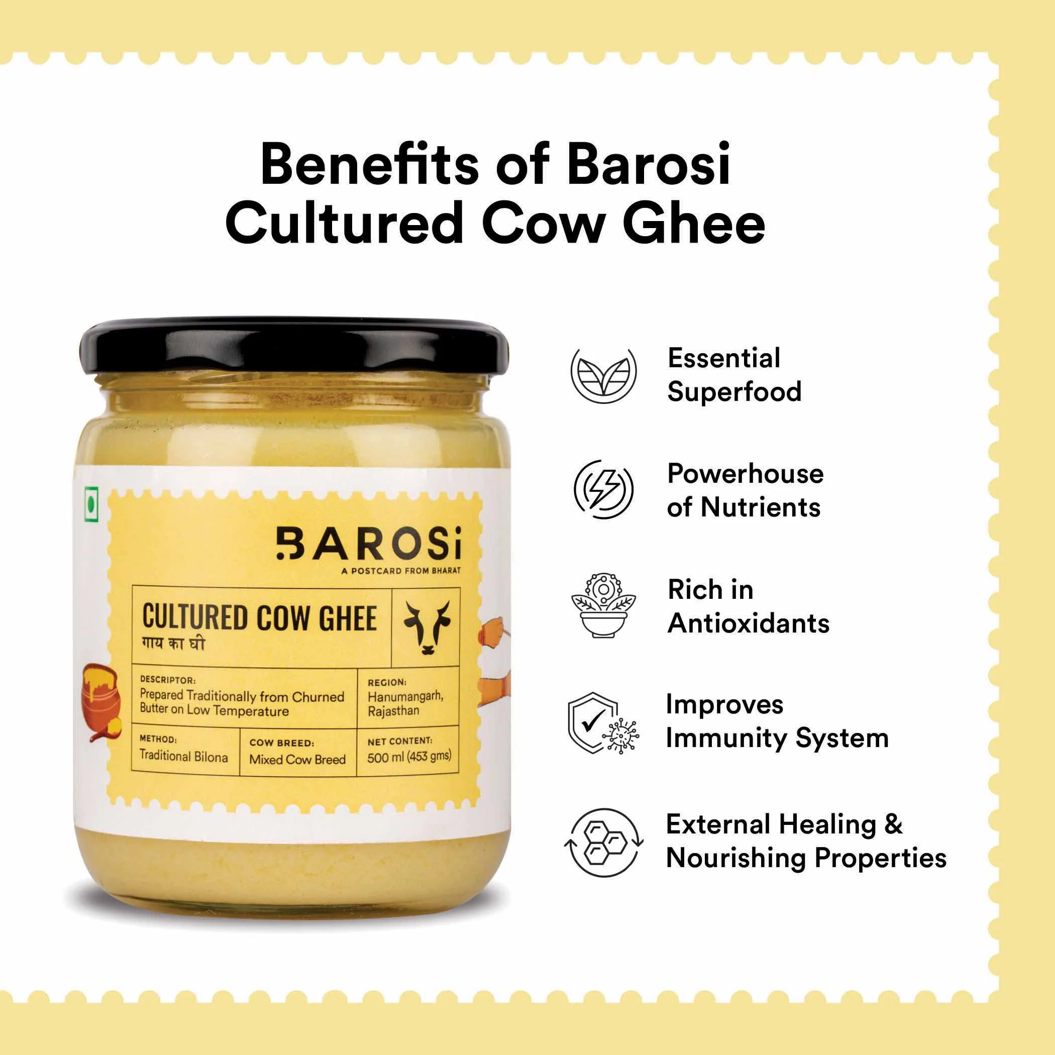 Barosi Premium Cultured Desi Cow Ghee 1 Litre (Combo Pack of 2 * 500ml) | Vedic Bilona Method | Churned from Curd | Pure & Natural | Farm Made in Small Batches | Glass Jar Packing - image 1