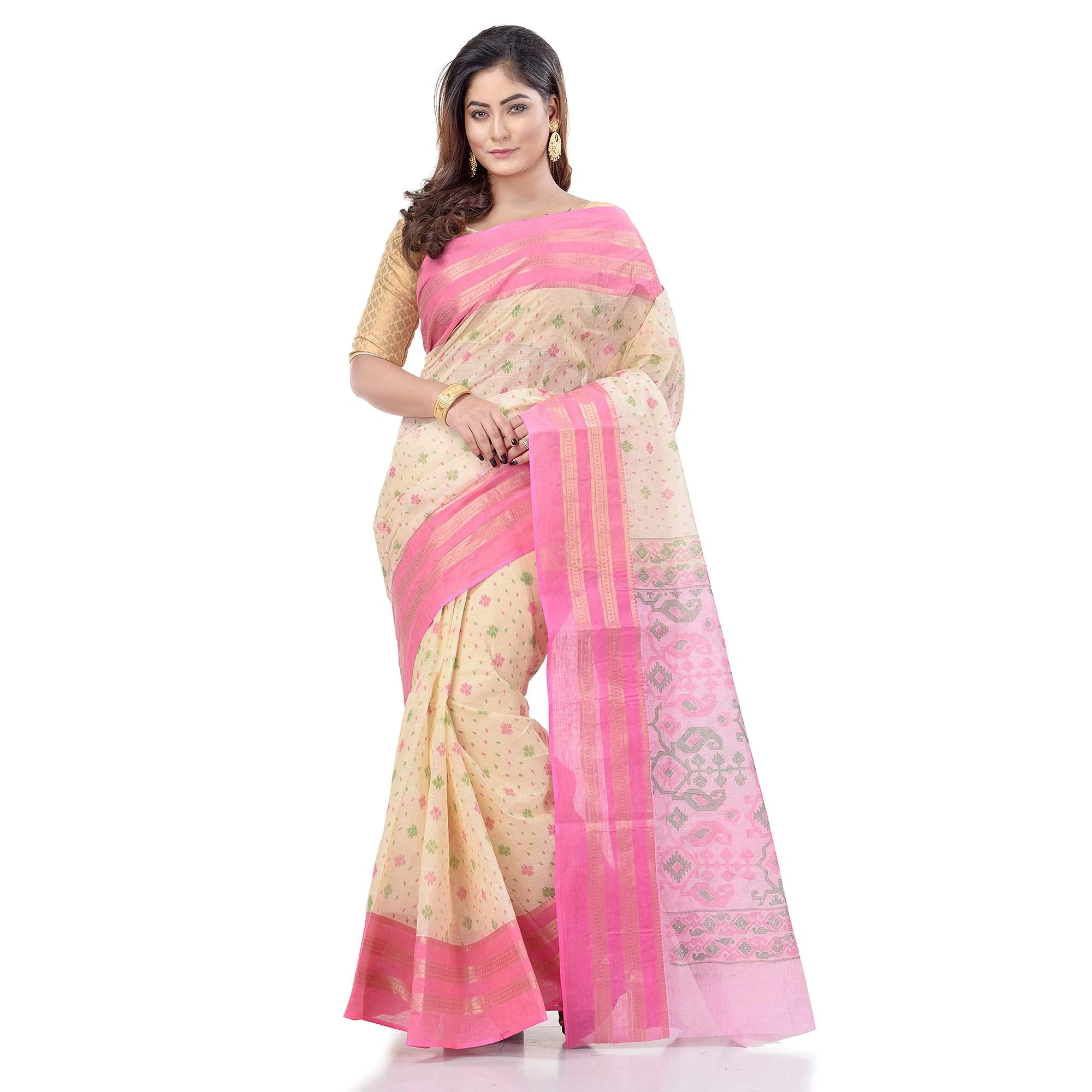 dB DESH BIDESH Women`s Bengal Tant Jamdani Printed Handloom Cotton Saree Without Blouse Piece(Pink) - image 1