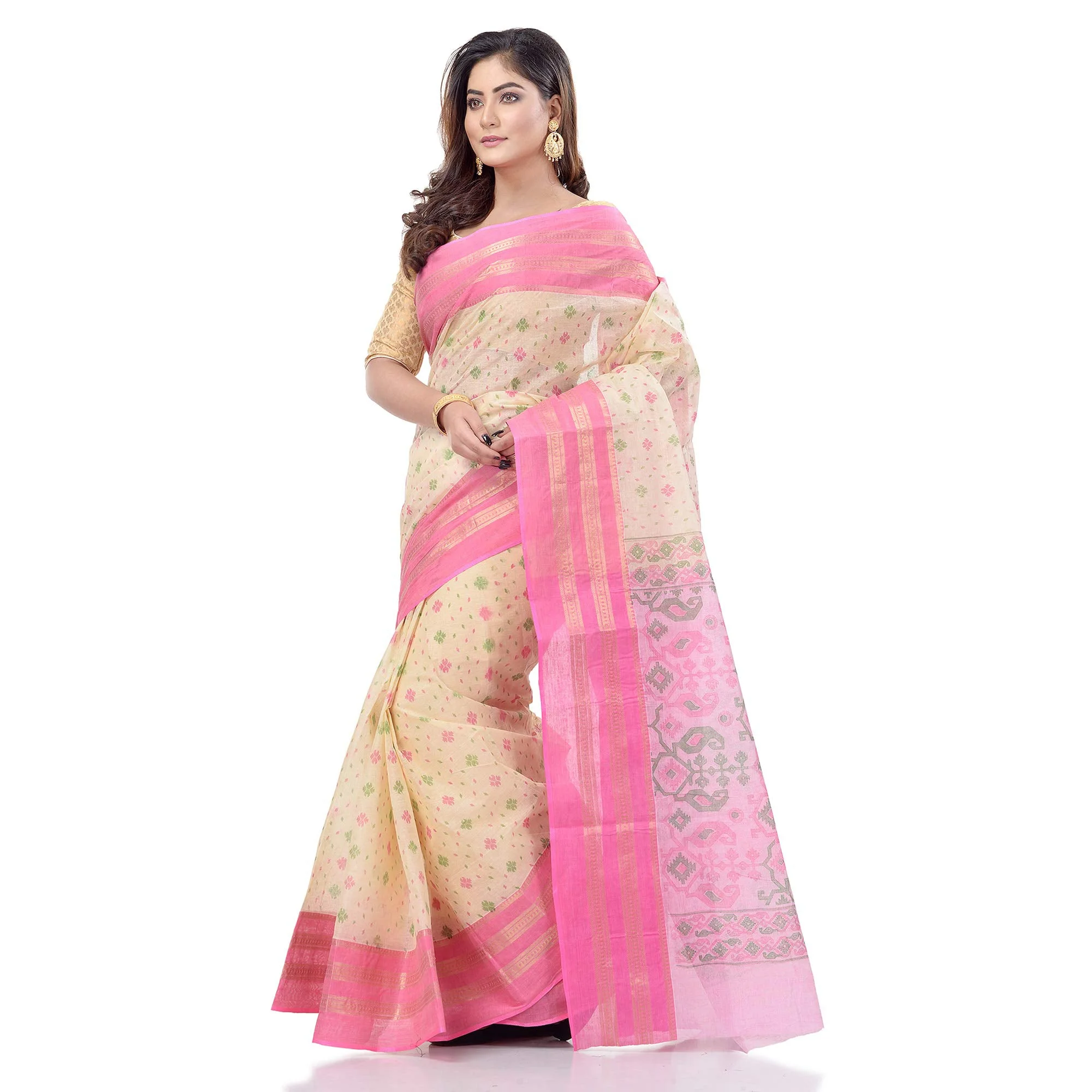 dB DESH BIDESH Women`s Bengal Tant Jamdani Printed Handloom Cotton Saree Without Blouse Piece(Pink) - image 2
